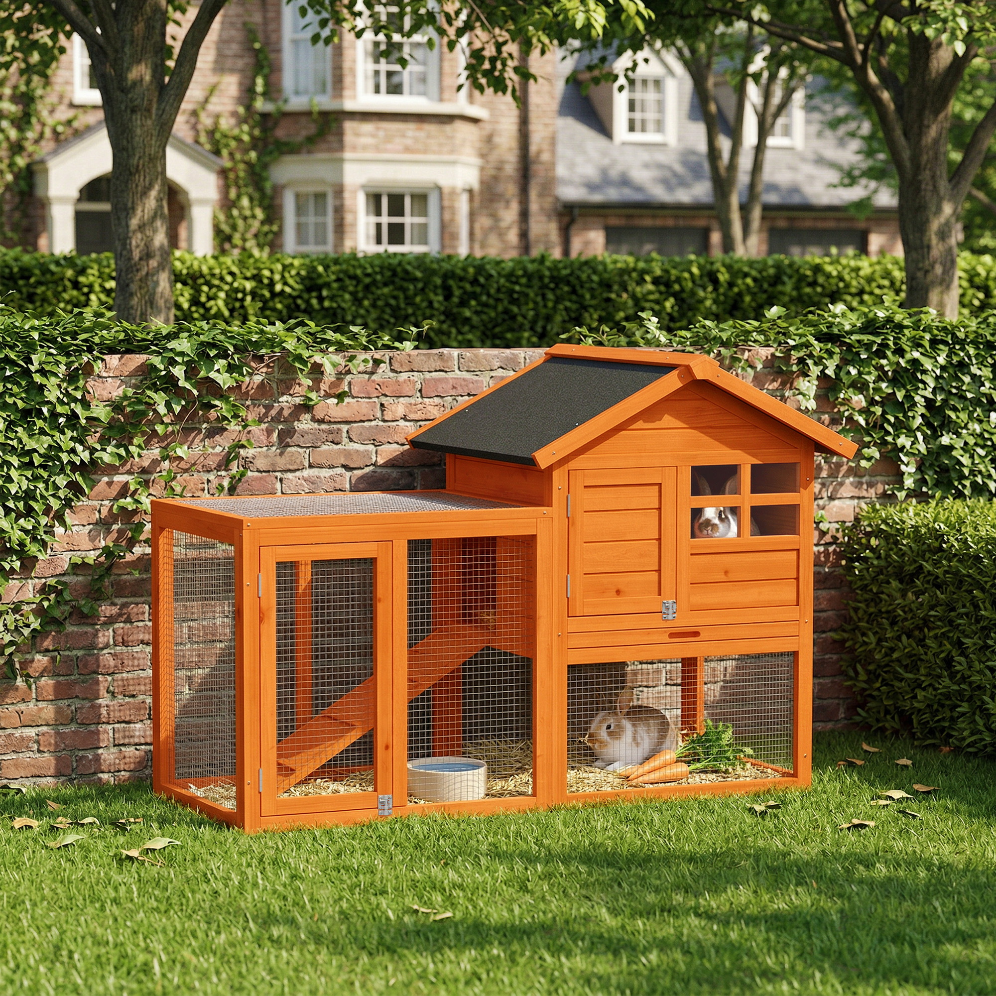 Hasenstall 2 Etagen Kaninchenstall mit wasserdicht Bitumendach Freilaufgehege Rampe Türen Holz 123,5x62,6x92,5 cm Orange