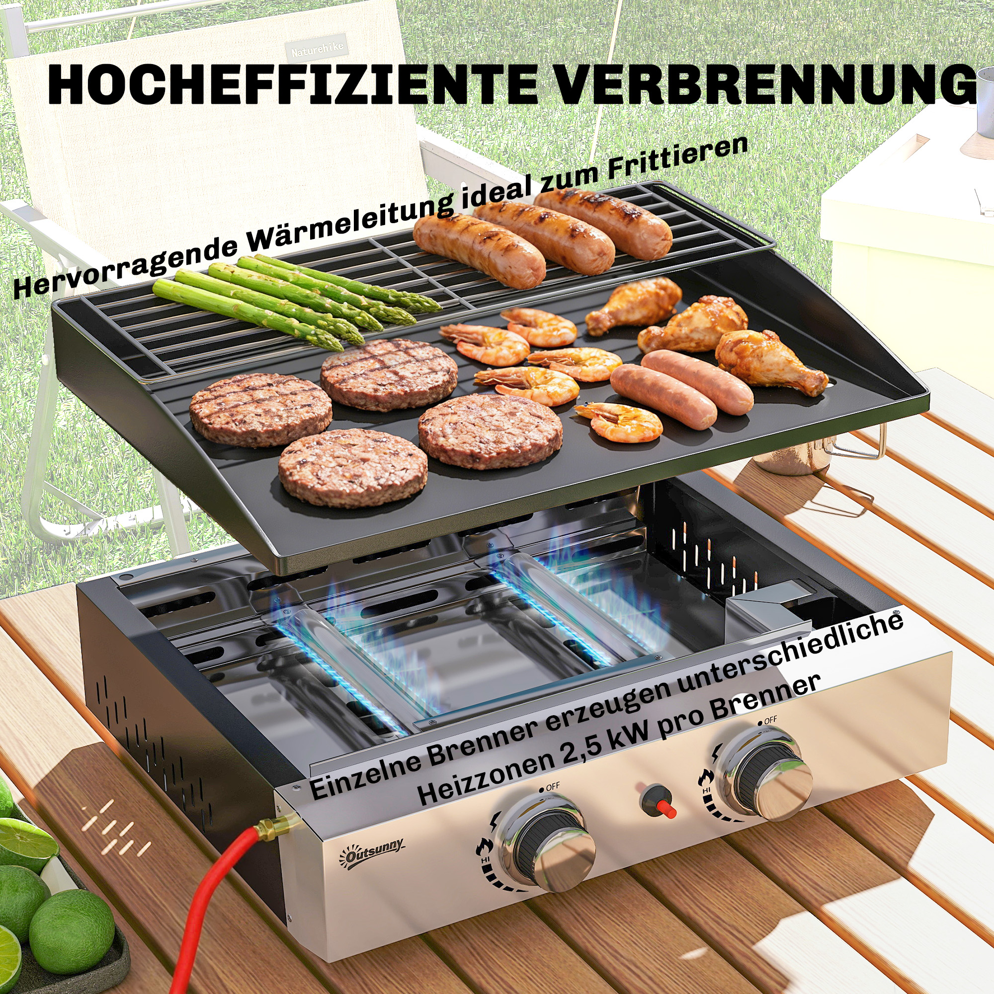 Gasgrill 5 KW Tragbarer Tischgrill mit 2 Brenner Keramische Lackbeschichtung Grillrost Warmhalterost