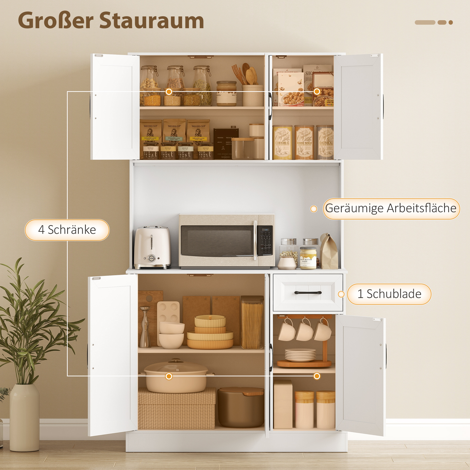 Küchenschrank, 180,5 cm, Vorratsschrank, Arbeitsfläche, Kabelloch, verstellbare Regale, MDF, Weiß