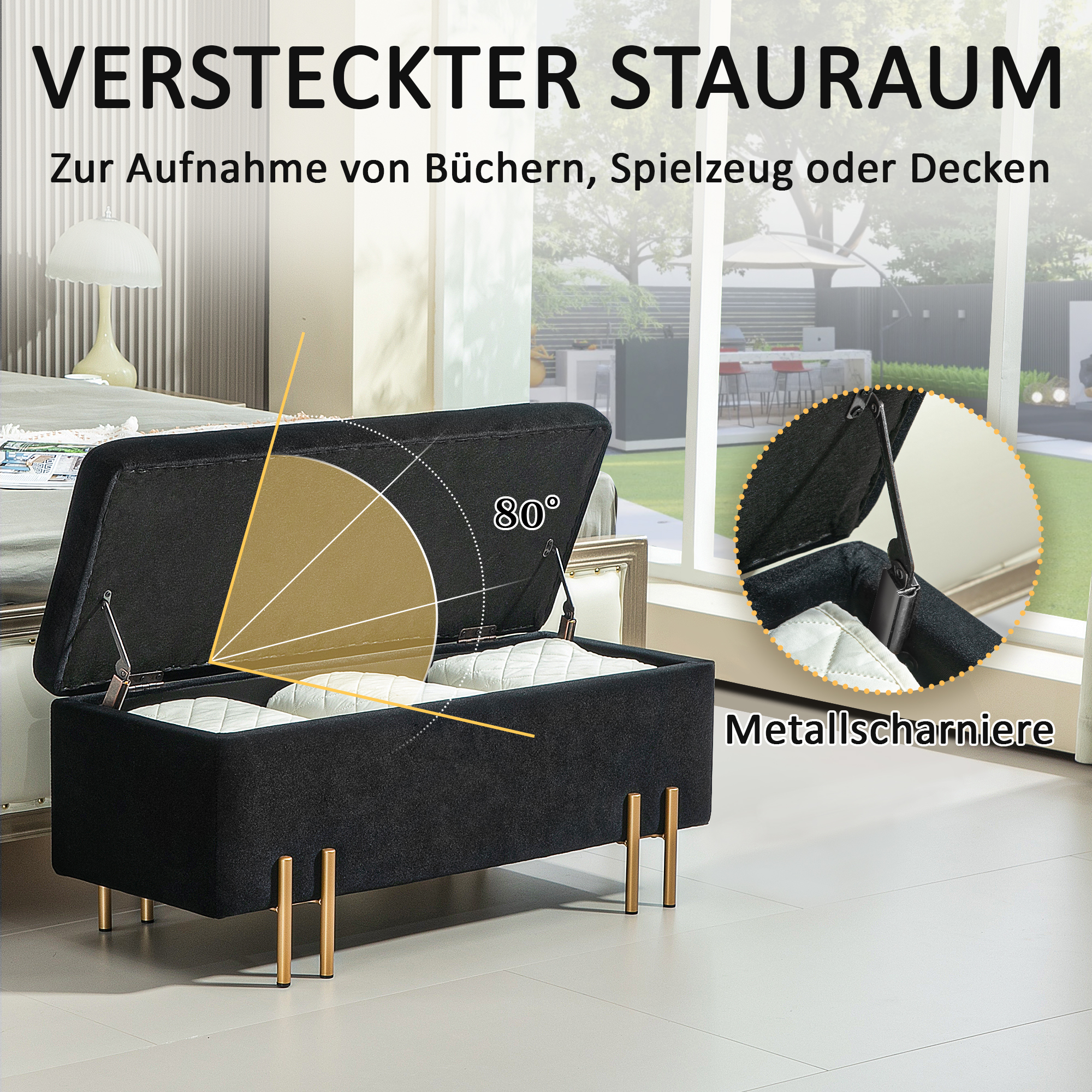 Sitzbank, Polsterbank mit Stauraum, Metall, Kautschukholz, Schaumstoff, 100 x 40 x 42 cm, Schwarz