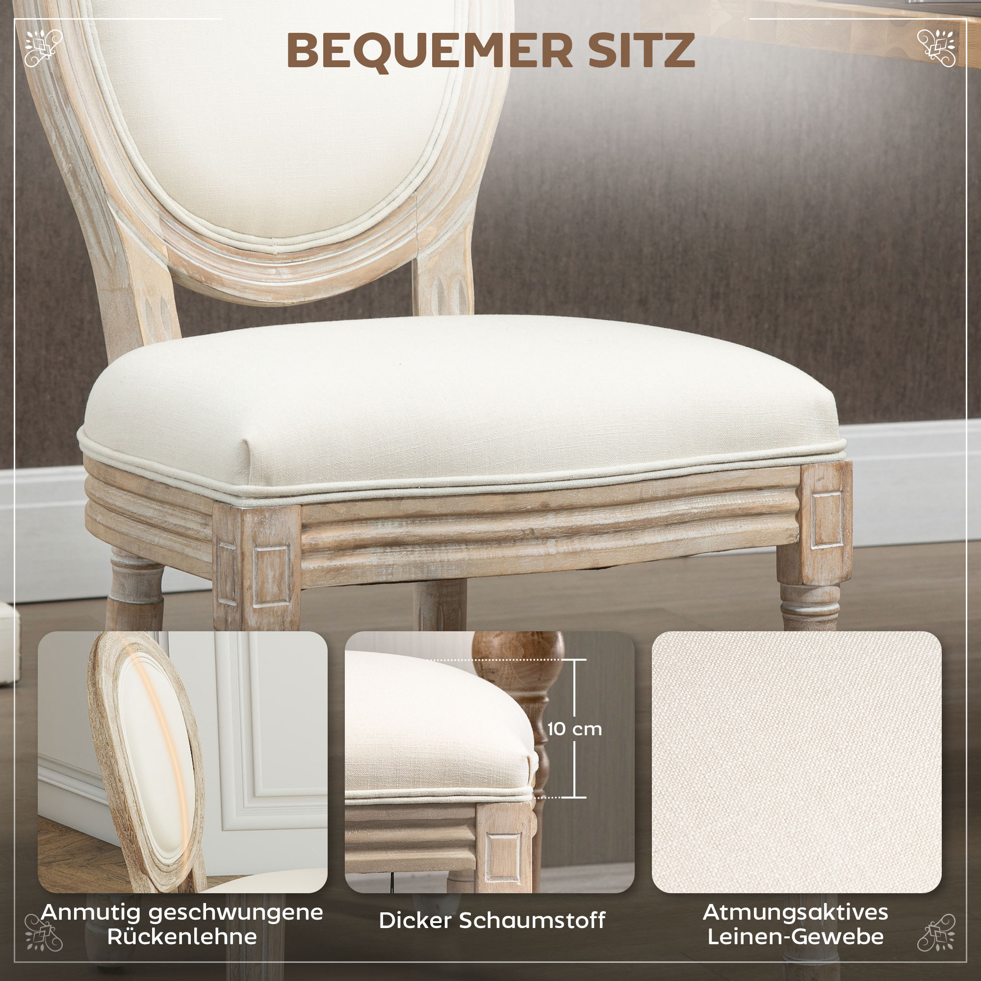 Esszimmerstühle 2er Set Küchenstuhl mit Rückenlehne, Linenoptik, Sessel Polsterstuhl, Stühle, Wohnzimmerstuhl mit Holzbeine für Esstisch, Cremeweiß+Natur
