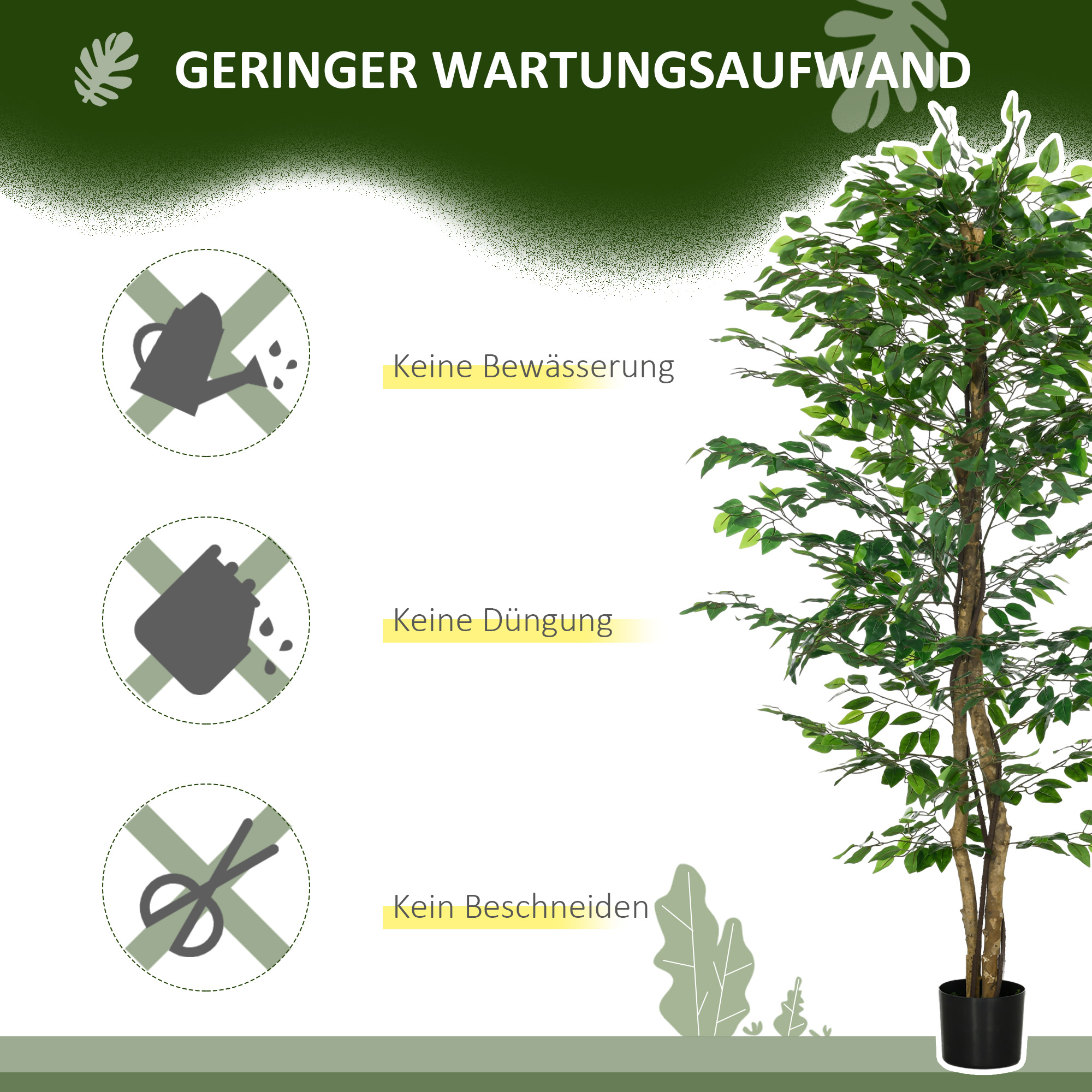 künstlicher Ficus-Baum, realistisch, pflegeleicht, inkl. Topf, 180 cm hoch, Grün