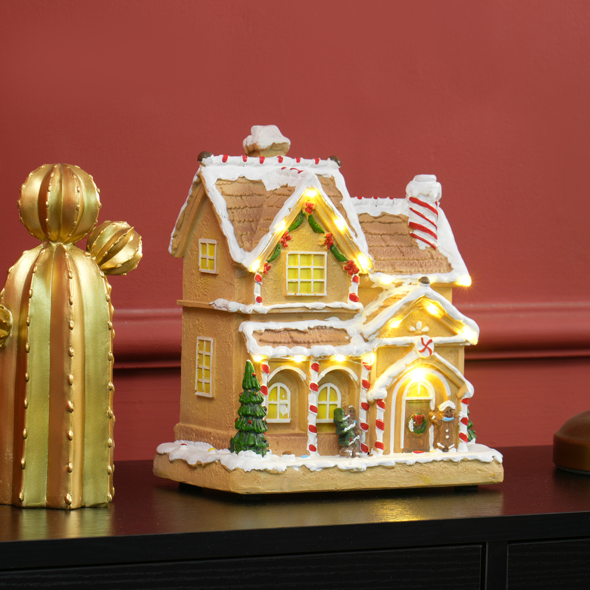 Lebkuchenhaus mit LED-Lichtern und Musik, Weihnachtshaus Winterlandschaft mit Lebkuchenmann, für Weihnachten, Braun