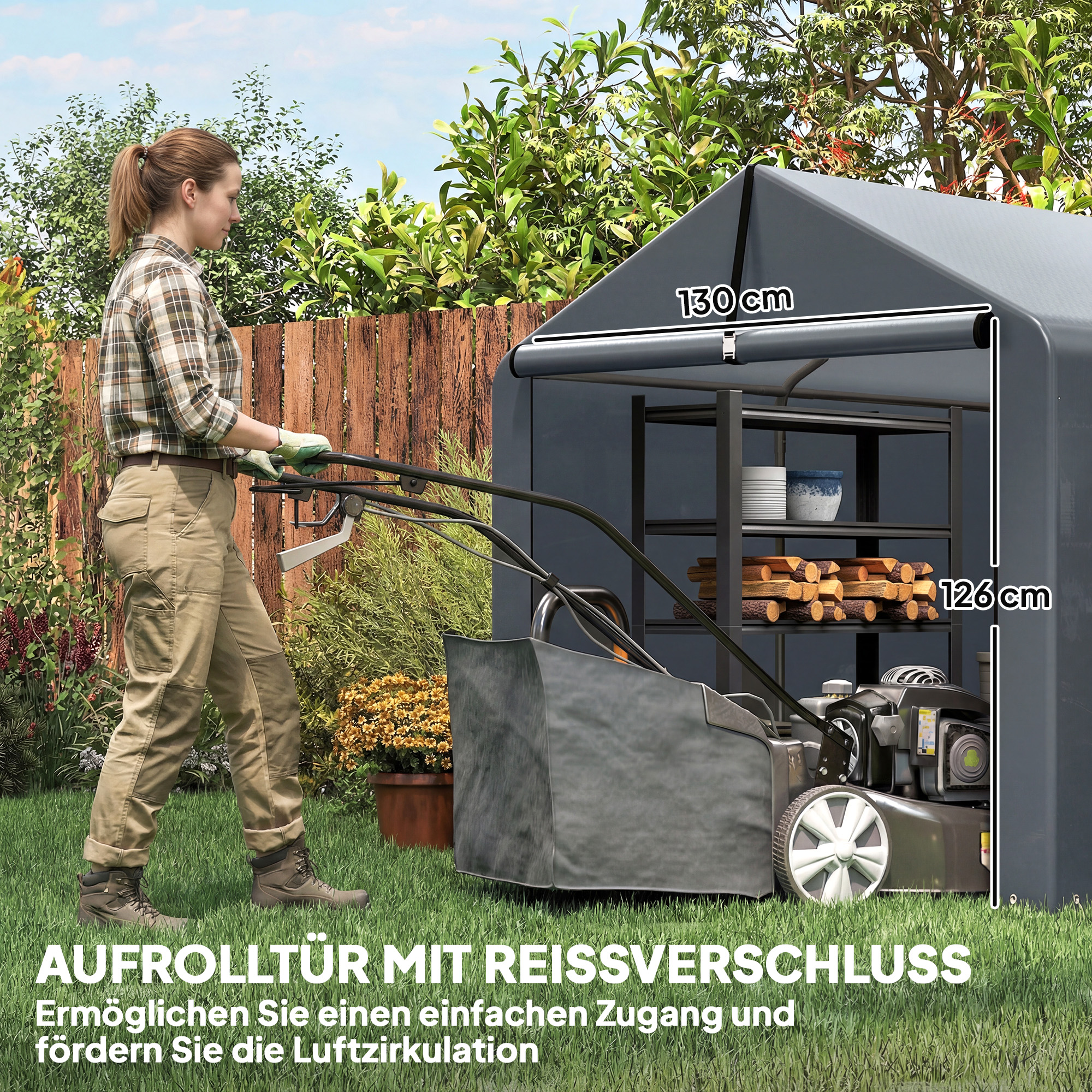 Garagenzelt 2,2 x 1,6 m Wasserdicht Gerätezelt mit Rolltür Satteldach Stahlrahmen, UV-beständig Dunkelgrau
