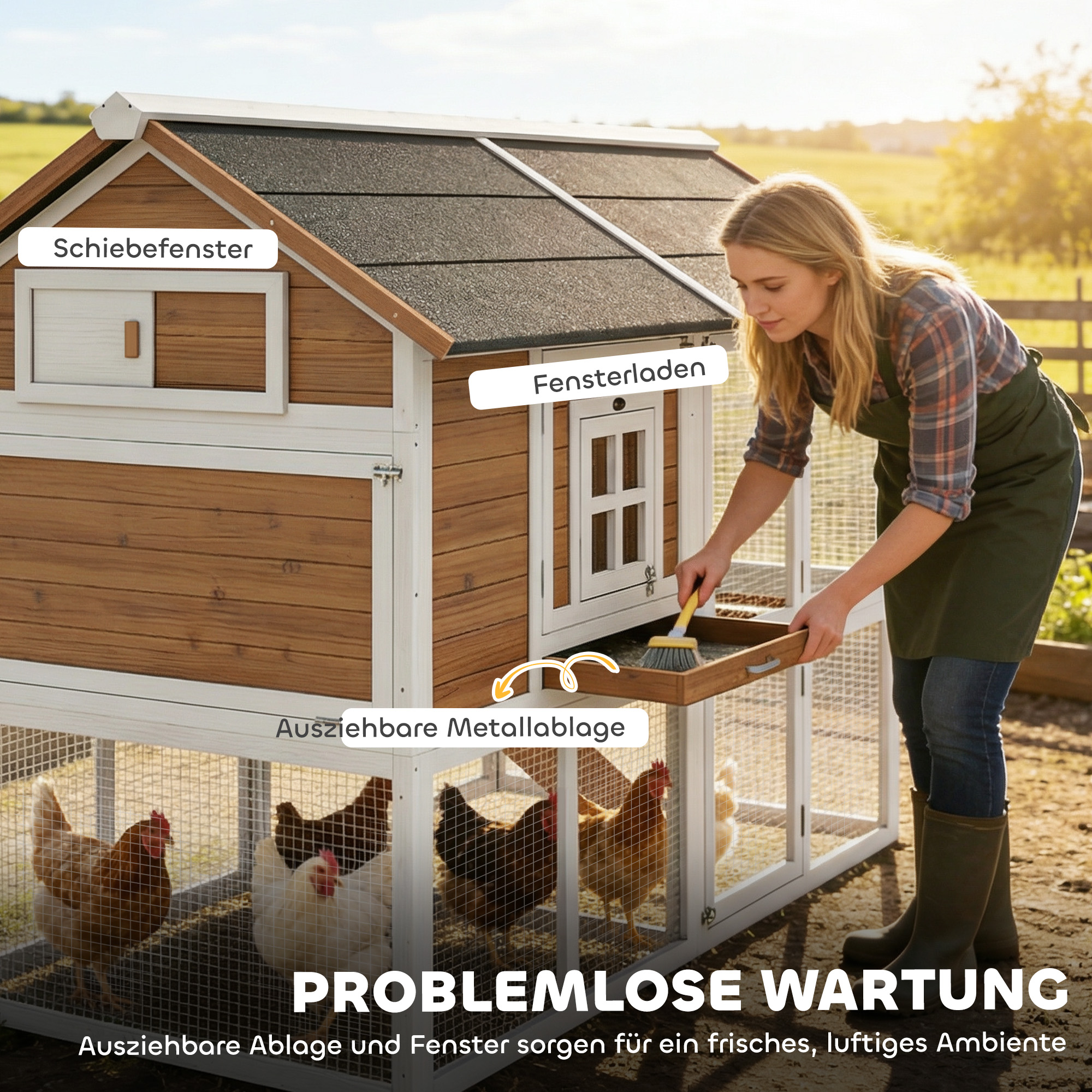 Hühnerstall Hühnerhaus mit Auslauf Nistkasten herausziehbarem Tablett Asphaltdach für 4 Hühner 200x104x145cm Holz Braun