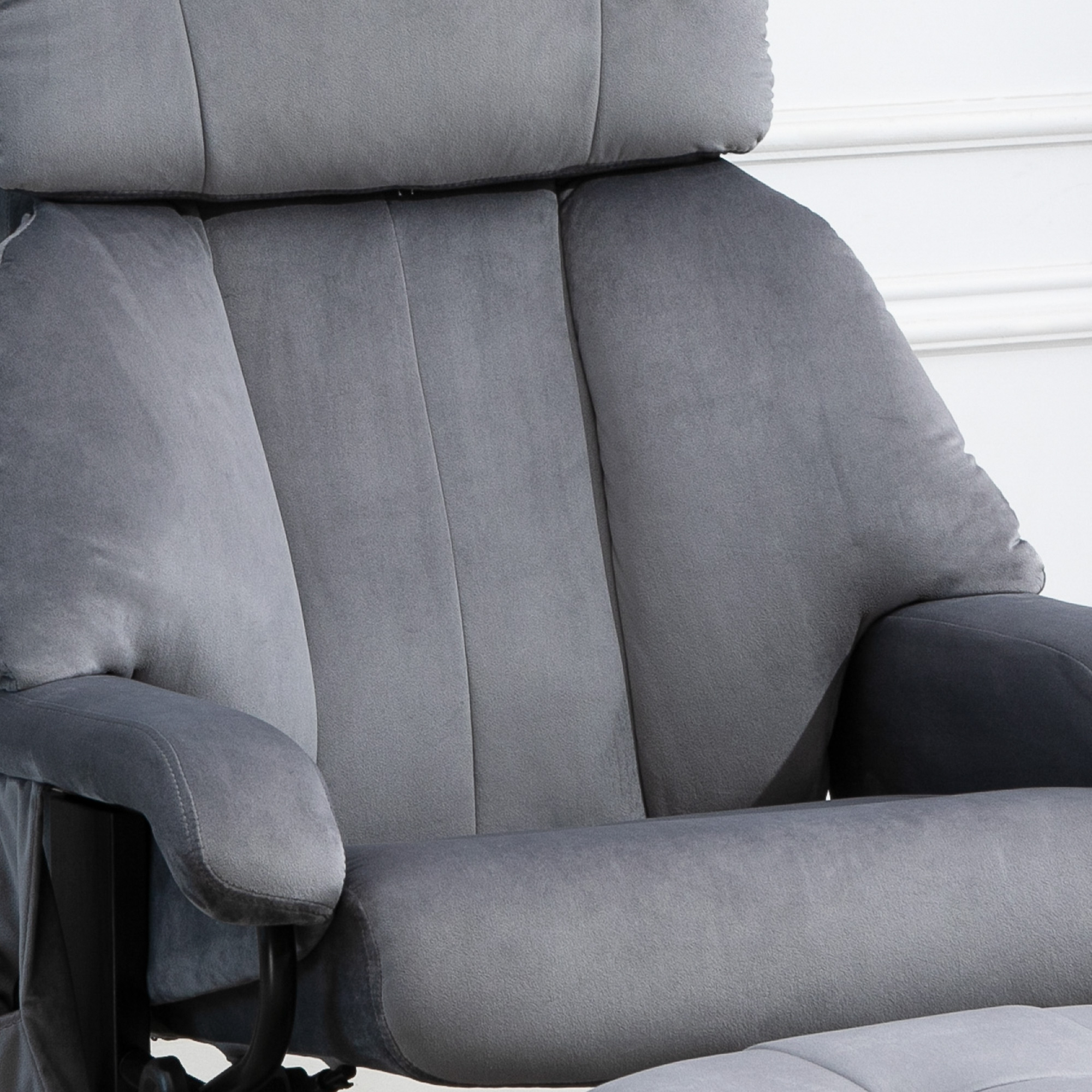 Relaxsessel mit Hocker, Drehbarer Fernsehsessel mit Schwingmassage, Liegefunktion, Massagesessel mit Seitentasche, Liegesessel mit Samtoptik für Wohnzimmer Grau