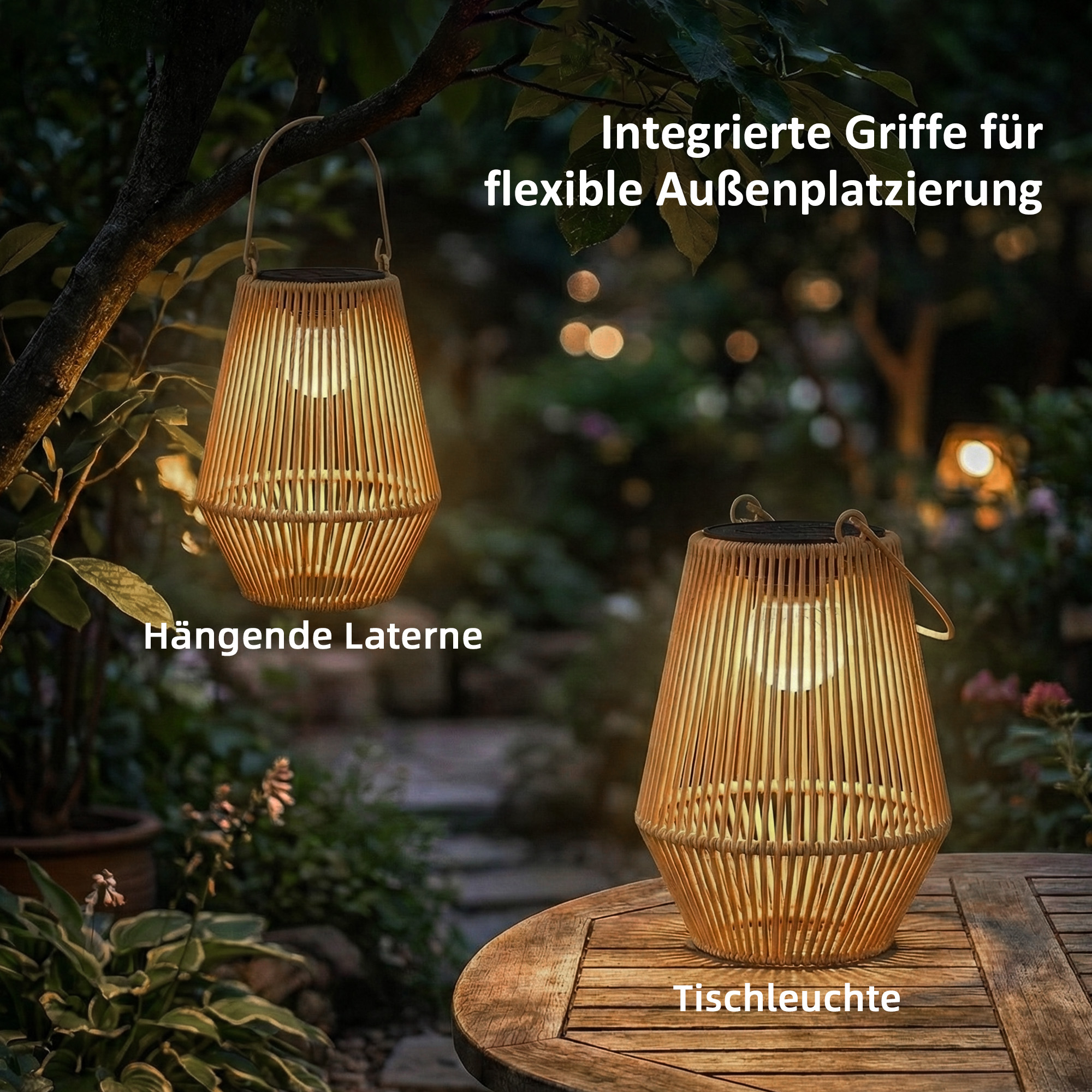 Solar Stehlampe 2er Set Rattan Hängend Solarlampen mit Lichtsensor IP44 wasserdichte Solarlampe für Garten Balkon Braun