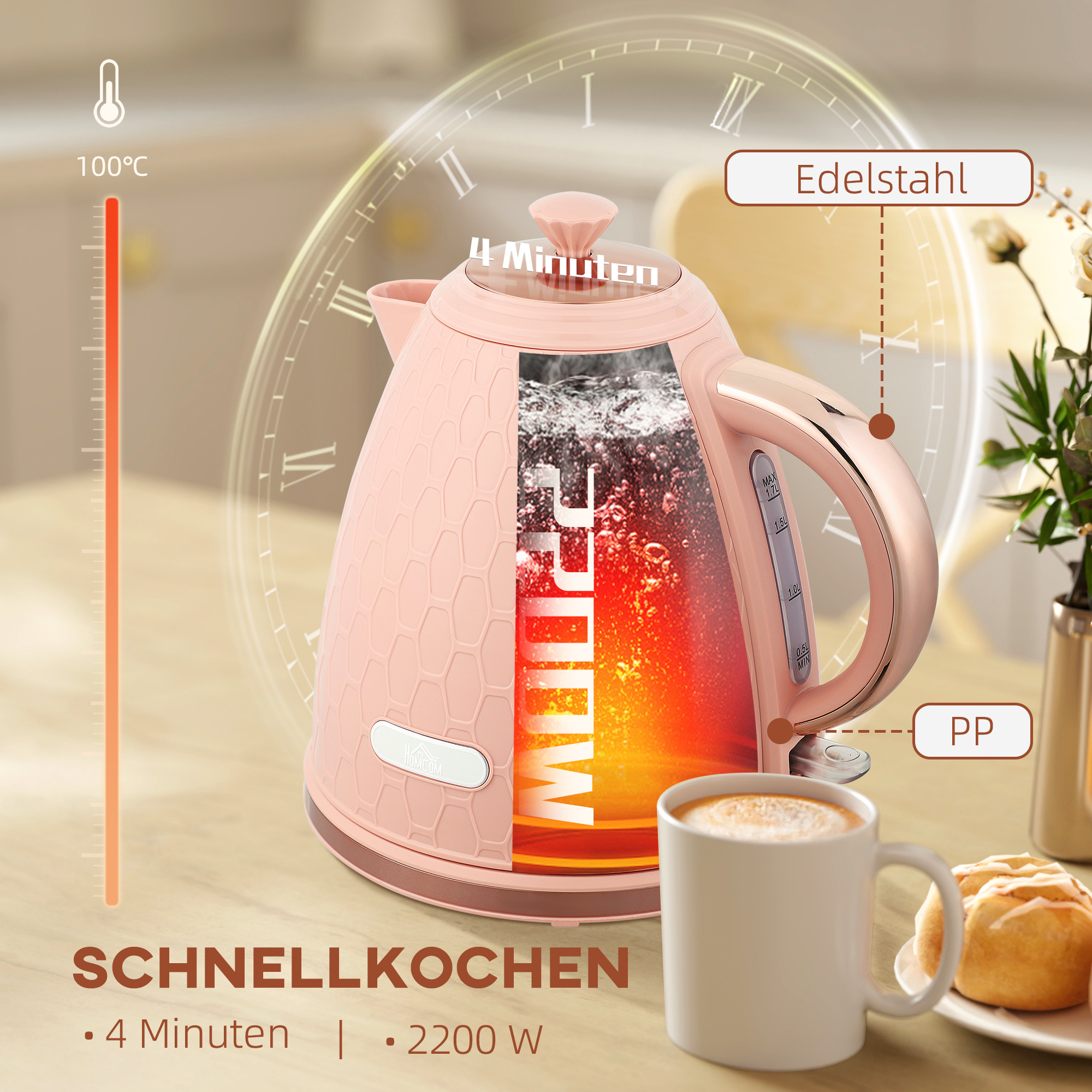 Elektrischer Wasserkocher, 1,7L, Schnellkochfunktion, 2,2kW, Kabellos mit herausnehmbarem Anti-Kalk-Filter, Hellrosa
