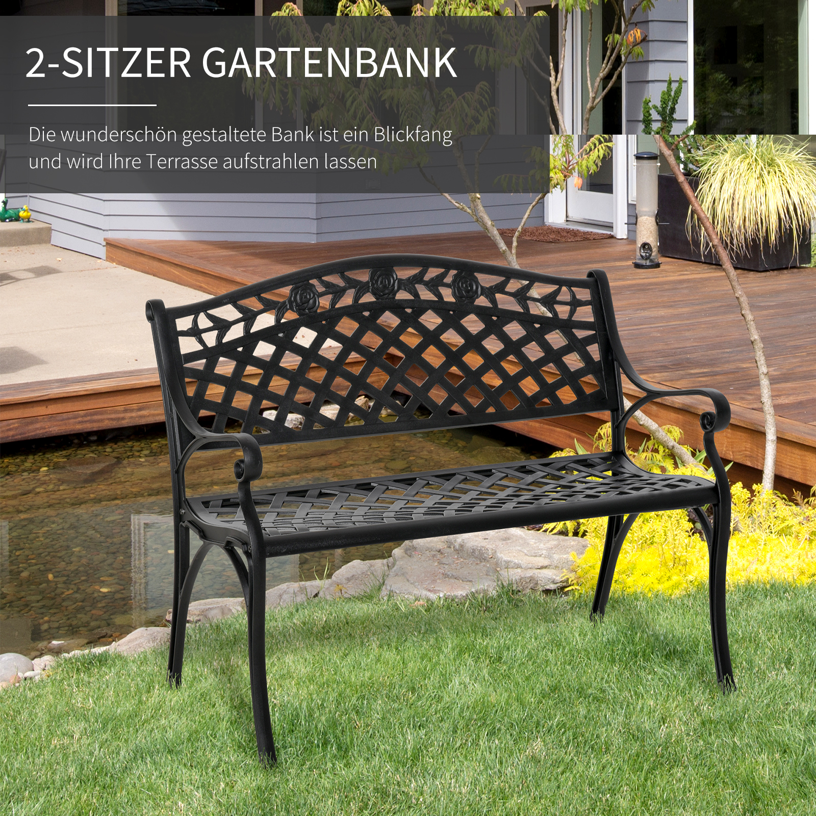 2-Sitzer Sitzbank Alu Gartenbank Metallbank Bank mit Armlehnen Landhausstil Schwarz 102,5 x 61 x 84 cm