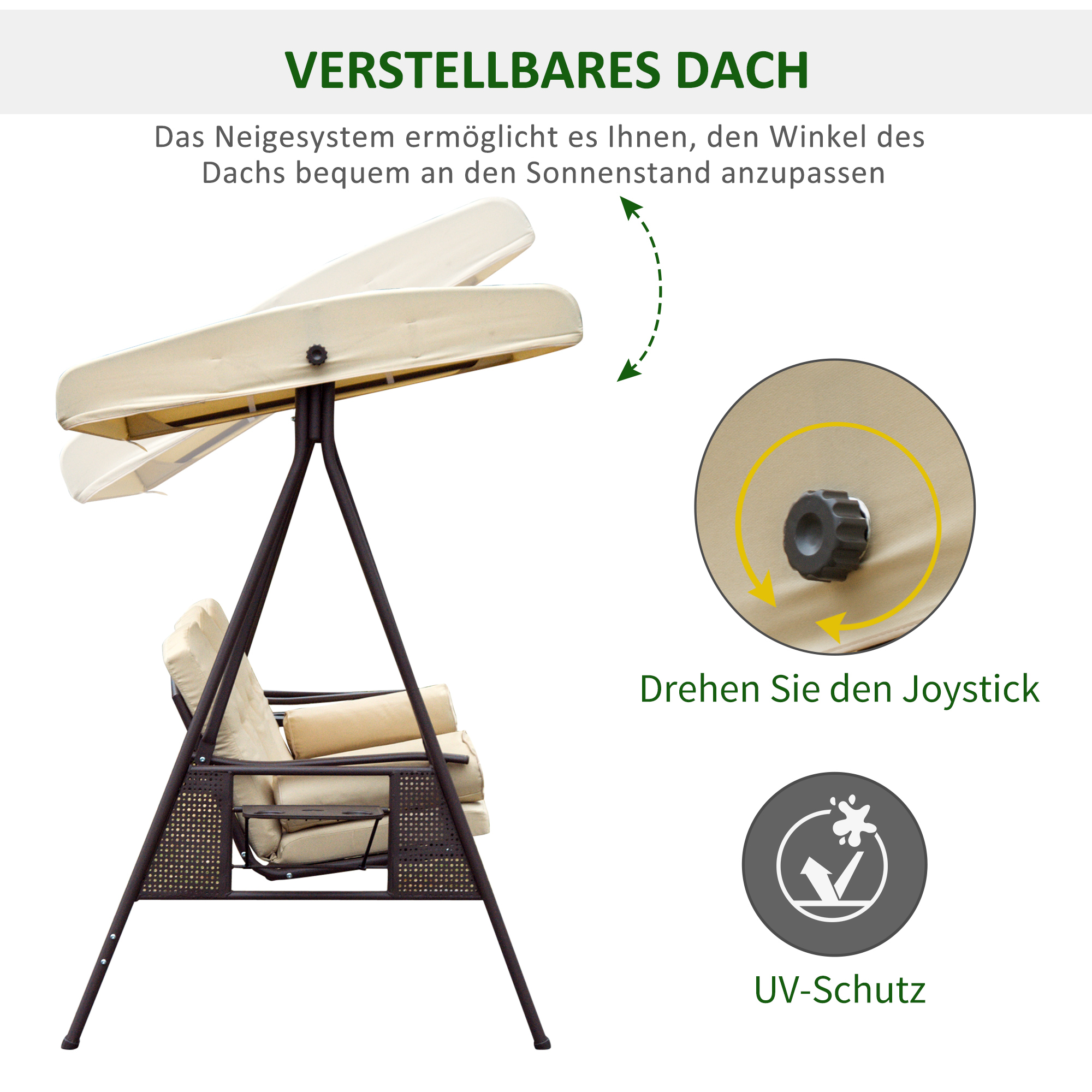 3-Sitzer Hollywoodschaukel mit Sonnendach Beige+Braun 121×208×172 cm