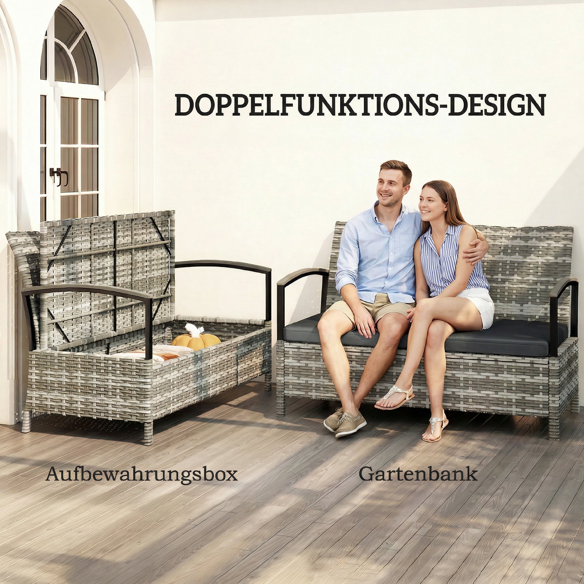 Gartenbank mit Stauraum 2-Sitzer Sitzbank mit Kissen Haltegriffen 125L Poly Rattan 123 x 70 x 82 cm Dunkelgrau