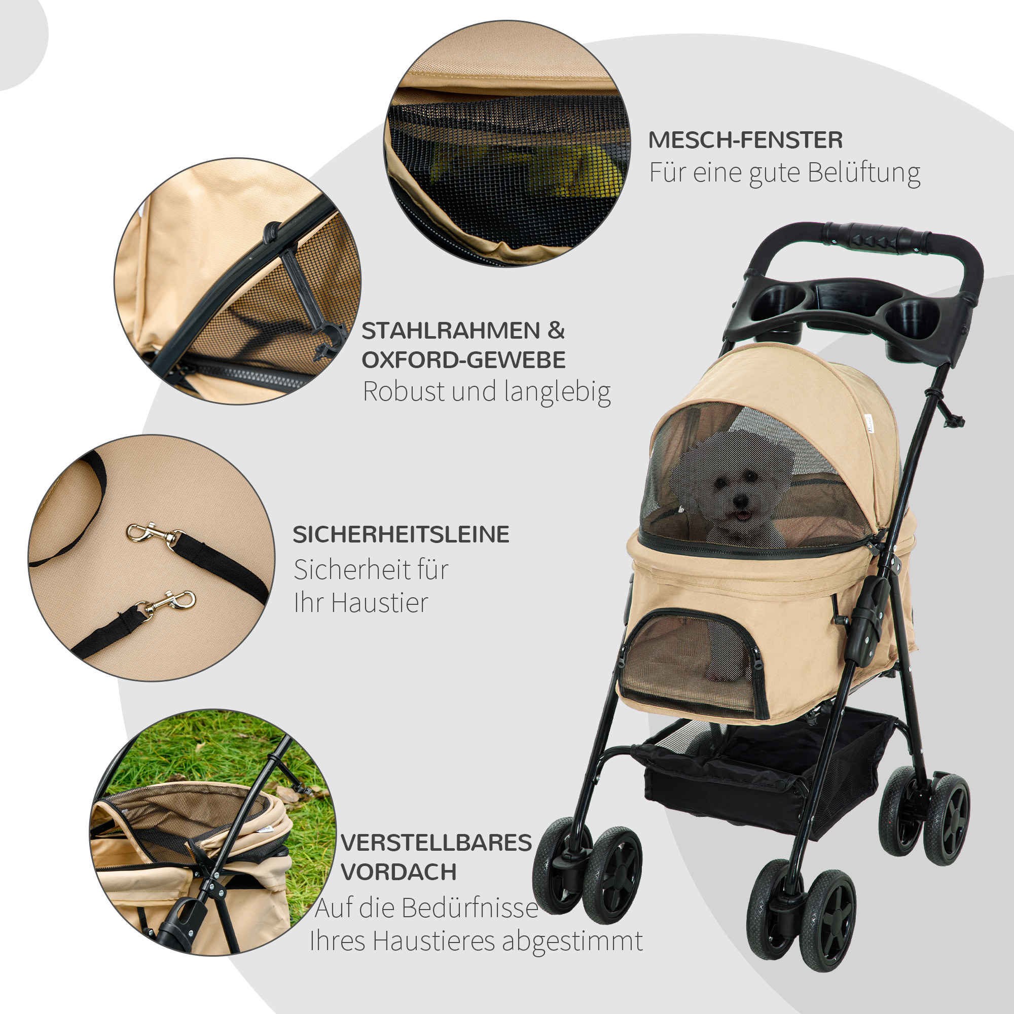 Hundewagen Hundebuggy, klappbar, 2 Sicherheitsleinen, 2 Becherhalter,  67 x 45 x 96 cm, Khaki