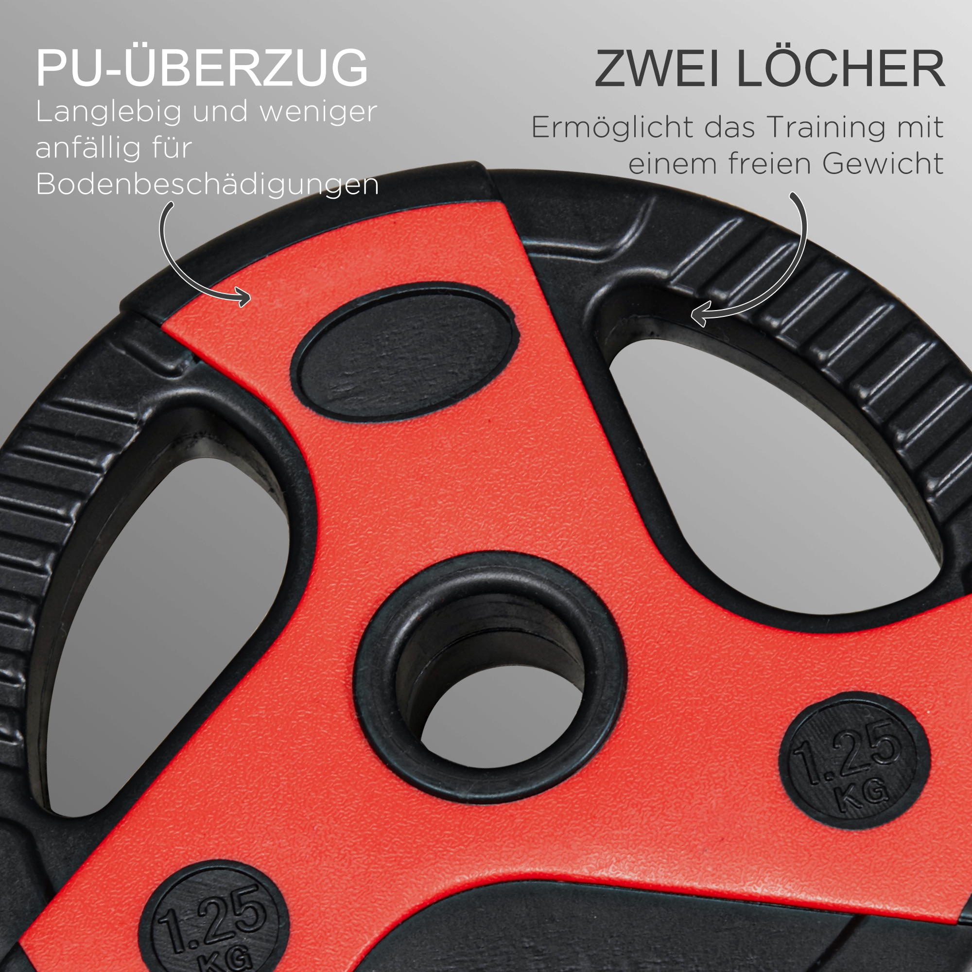 Langhantel-Set 20 kg, inkl. 6 Hantelscheiben, 2 x 5kg, 2 x 2,5kg, 2 x 1,25kg, rutschfeste Stange, schwarz+rot