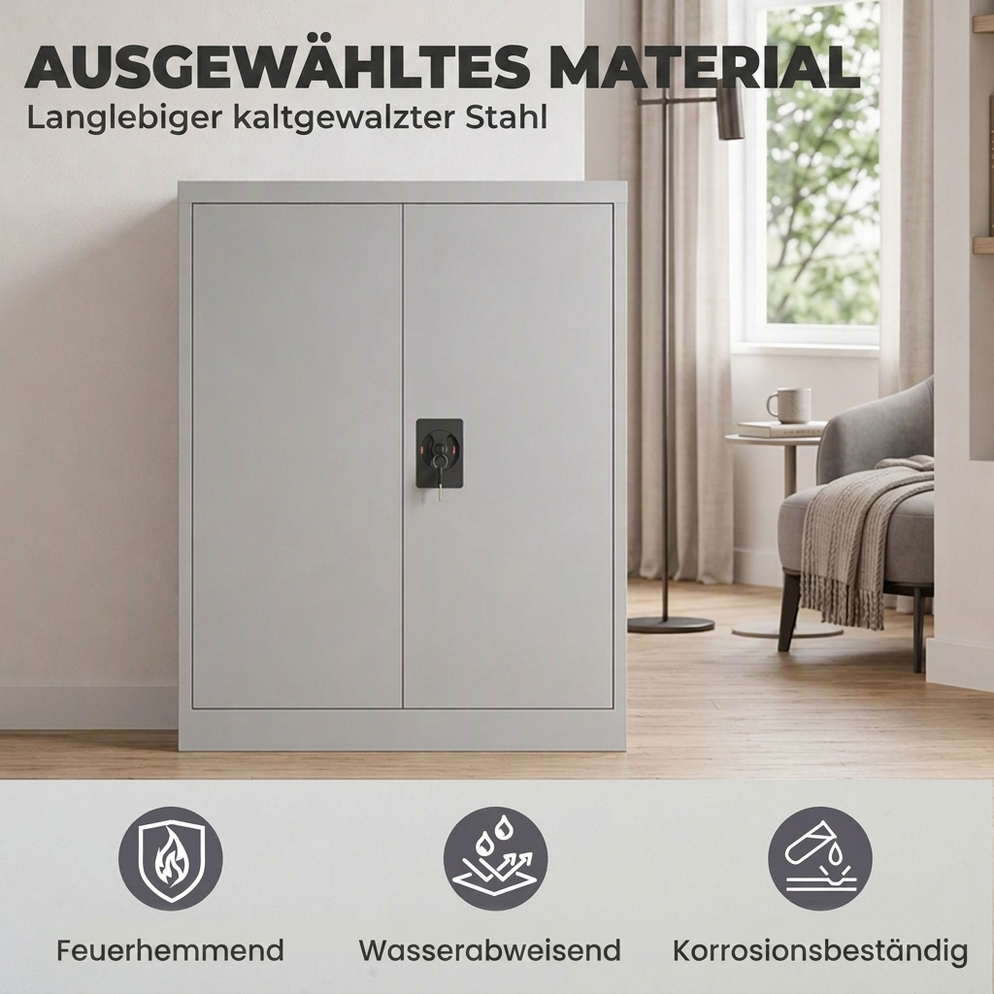 Aktenschrank Stahlschrank Mehrzweckschrank mit verstellbarem Regal und Schloss für Arbeitszimmer Wohnzimmer Grau