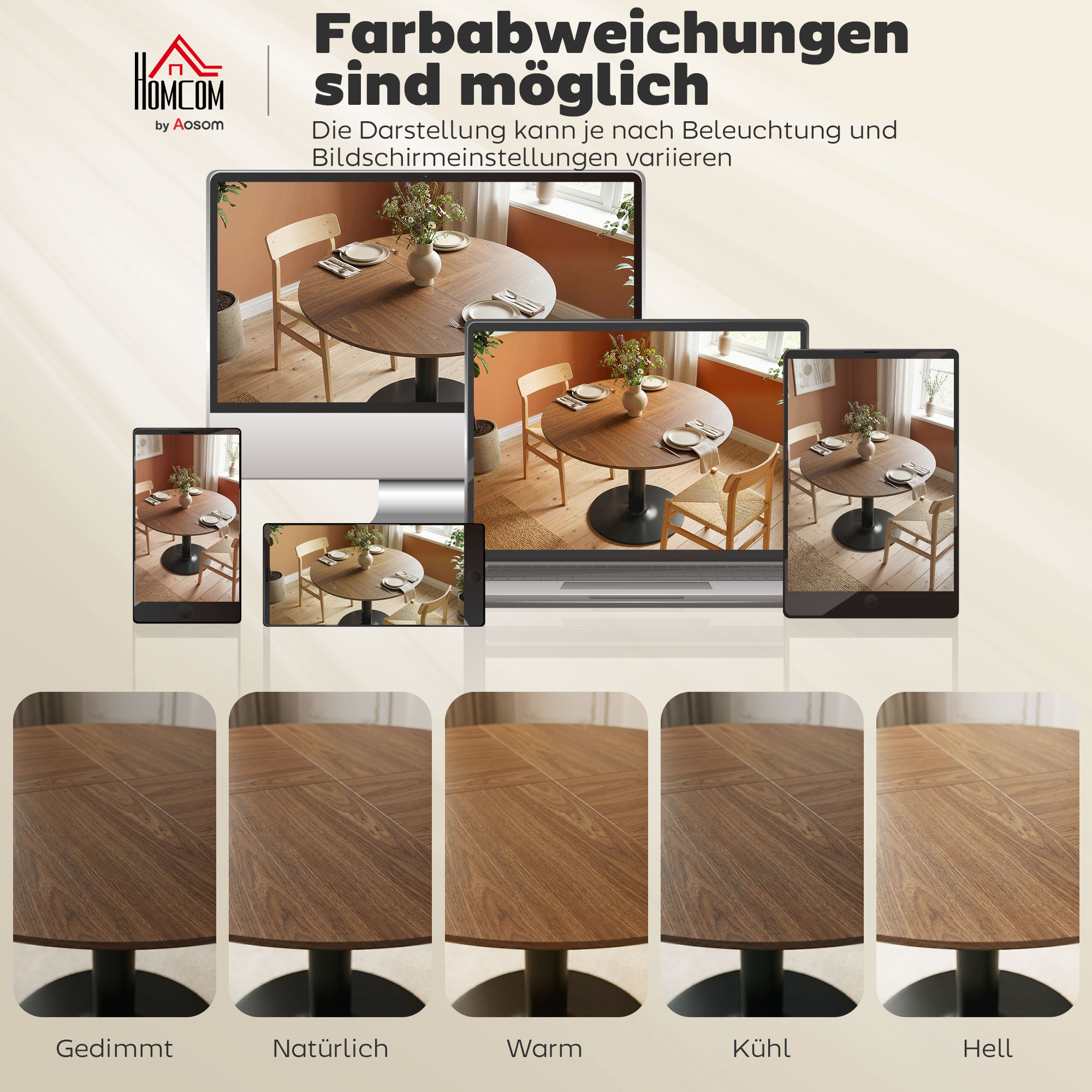 runder Esstisch für 6 Personen, 110 cm Moderner Küchentisch mit Sockel für Wohnzimmer, Braun Holzmaserung
