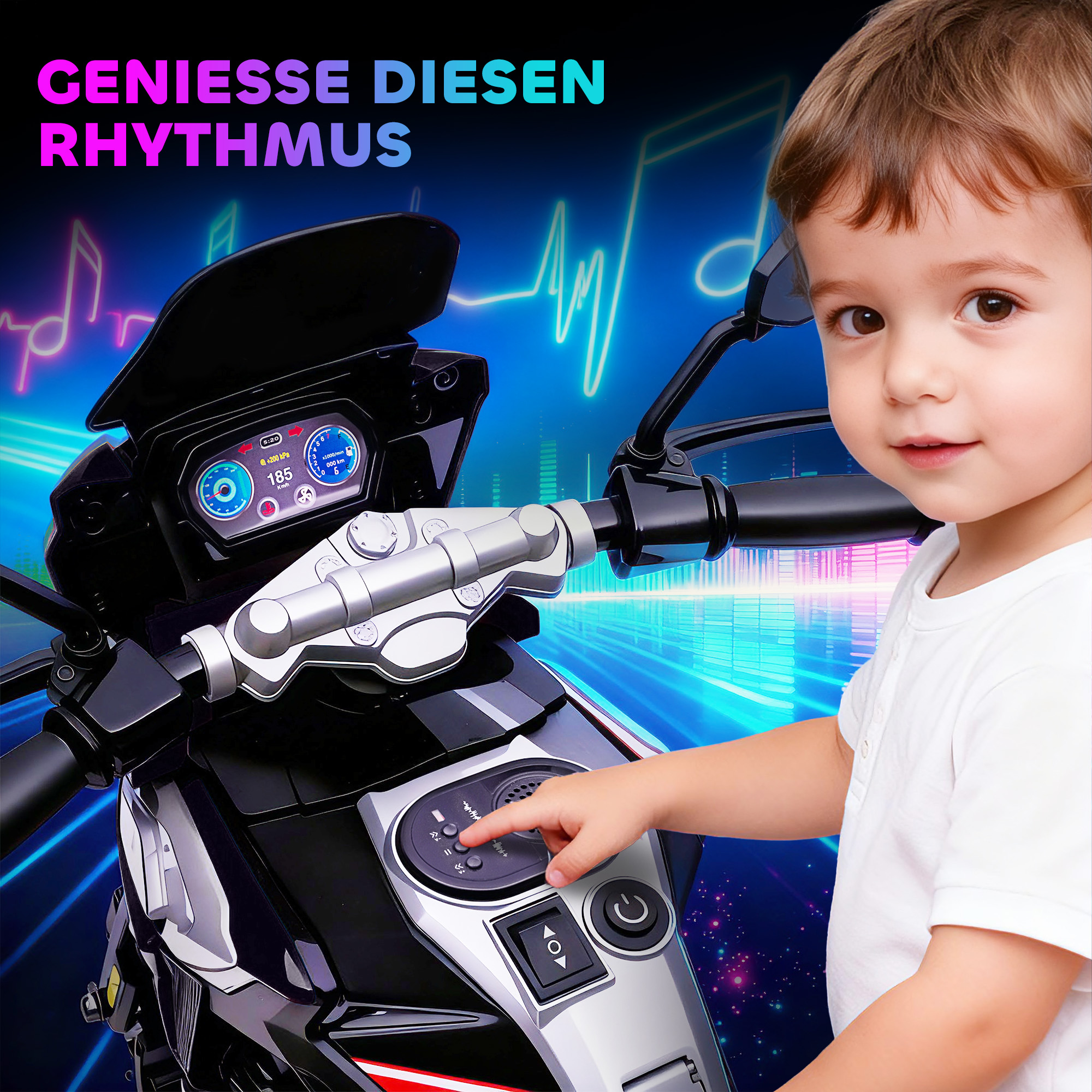 Elektro-Motorrad für Kinder von 18-36 Monaten, Aufsitz-Fahrzeug, Hilfsräder, Lichter, Musik, Kunststoff, Stahl, schwarz