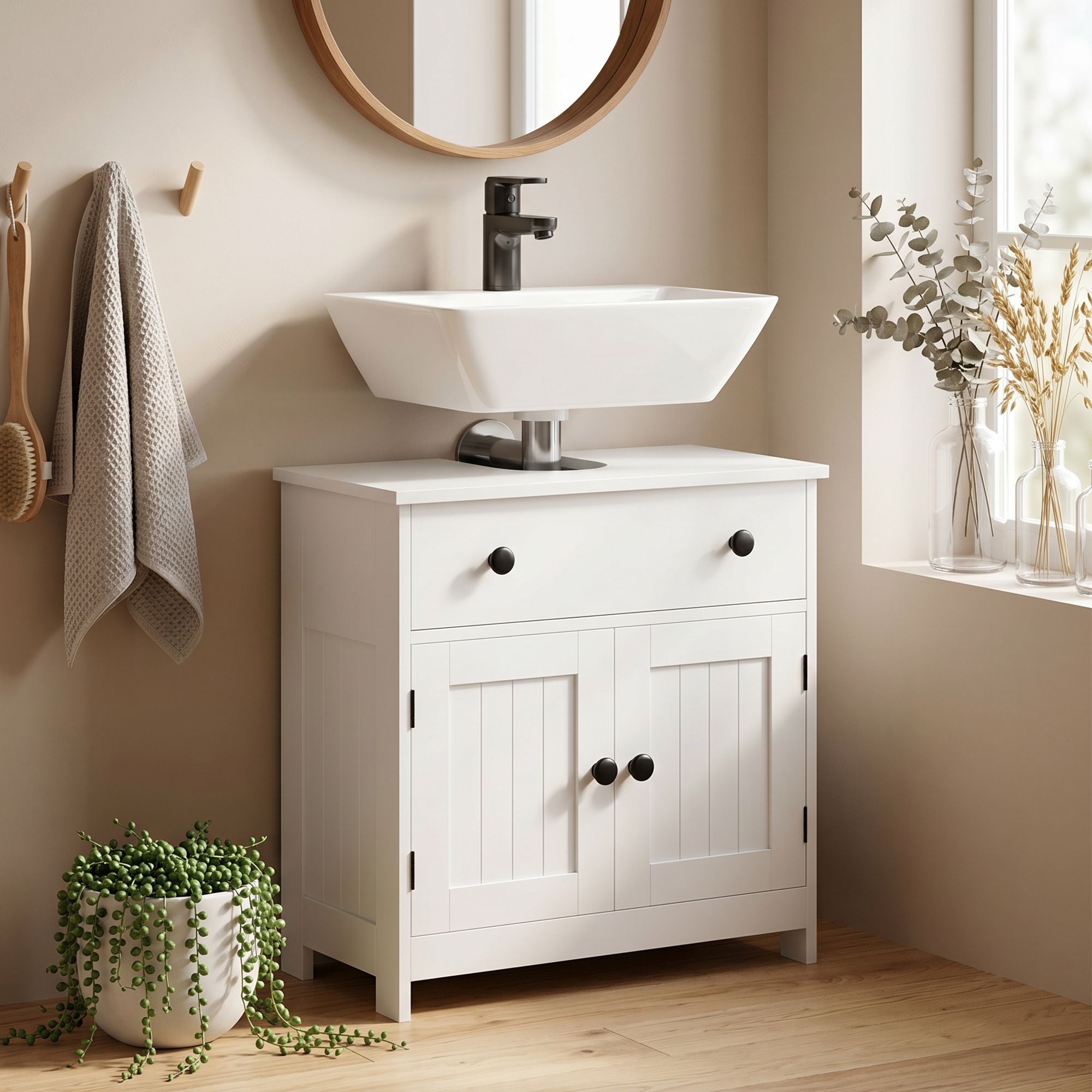 Waschbeckenunterschrank, modern und freistehend, mit Soft-Close-Scharnieren, Schublade und 2 Türen, Weiß