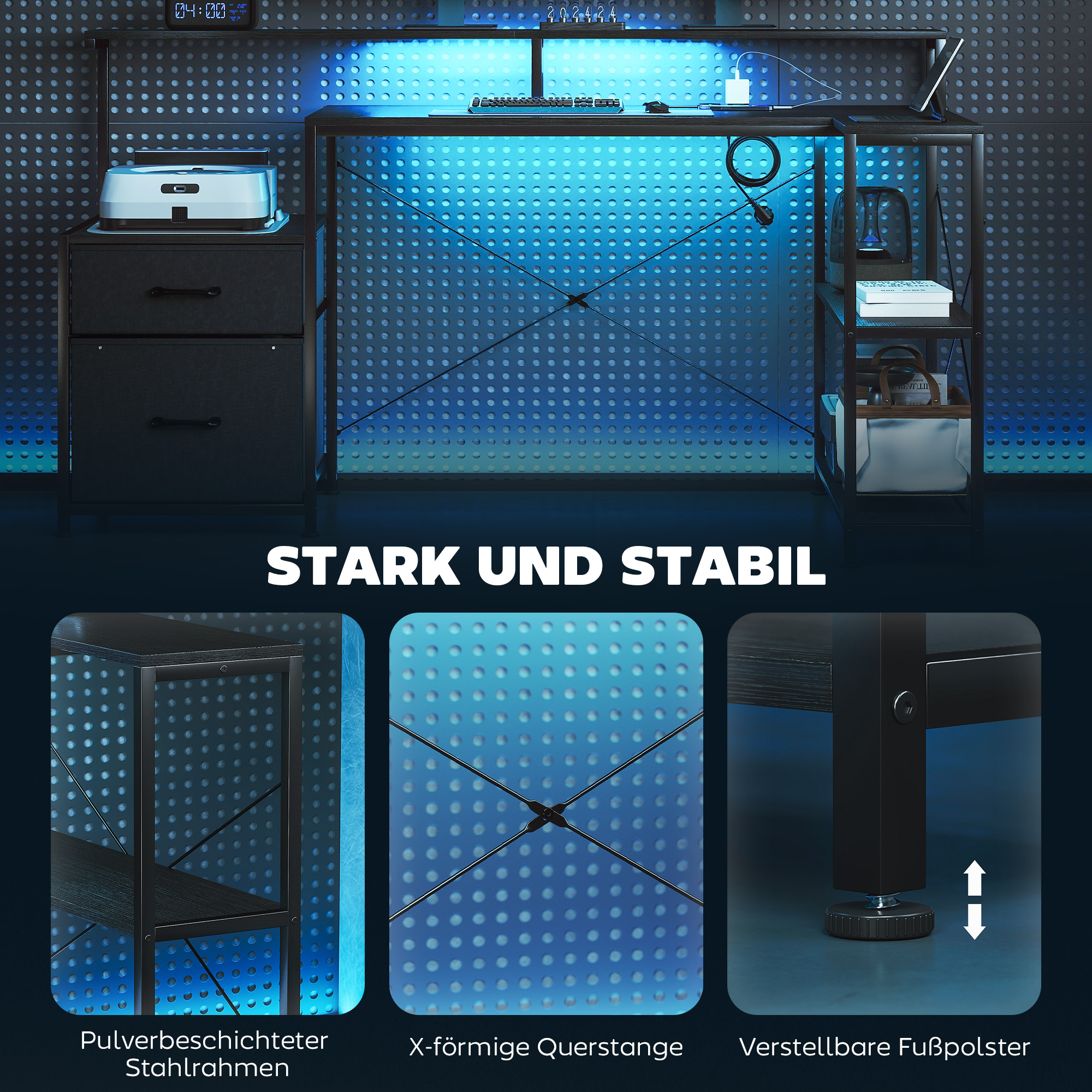 Gaming Tisch L-förmiger Schreibtisch mit LED & Steckdosen, mit Doppelmonitorständer, 165x80x91,5 cm, Schwarze Holzoptik