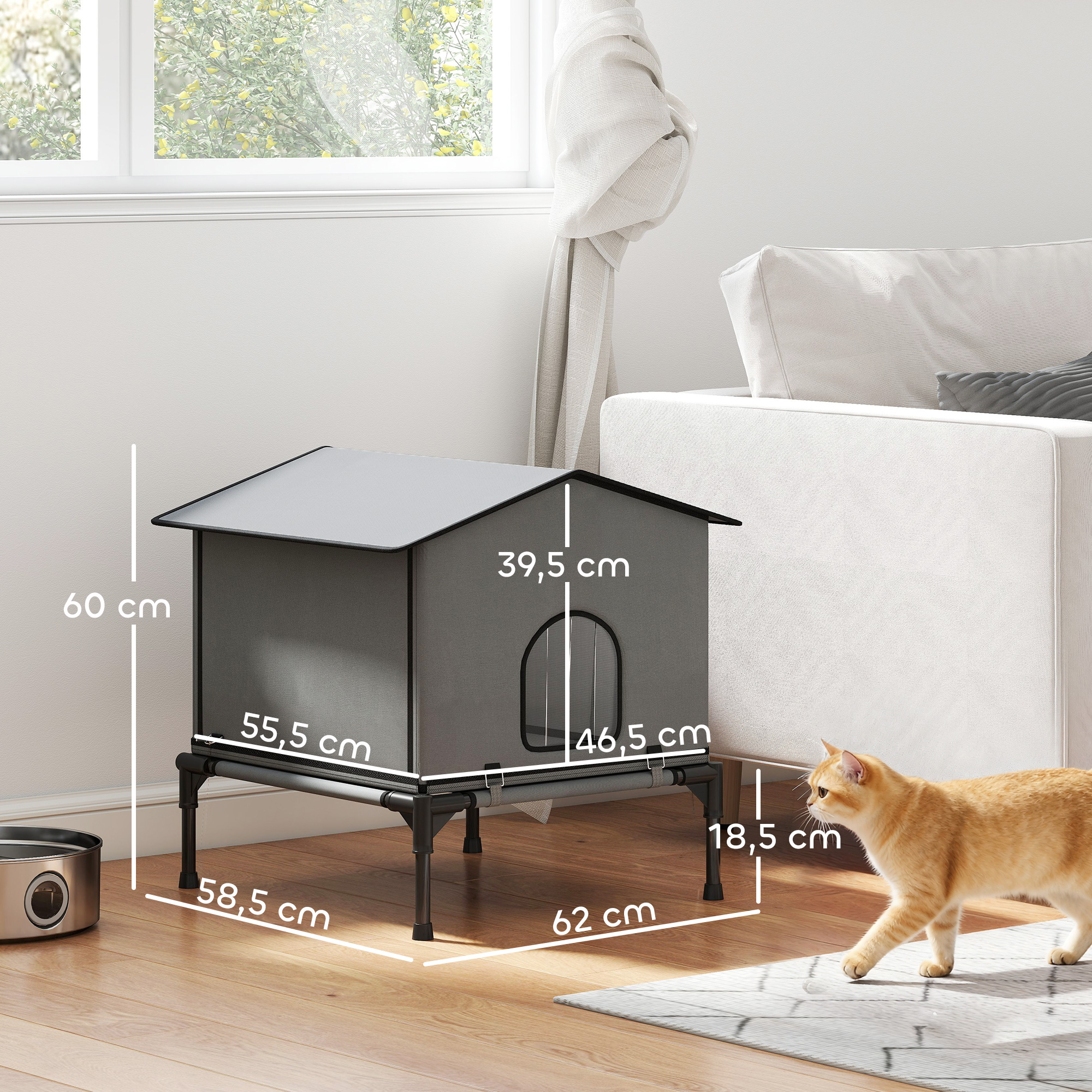 Katzenhaus klappbar Katzenhütte mit Kissen, Erhöhtes wasserabweisend Katzenhöhle 62 x 58,5 x 60 cm, Grau