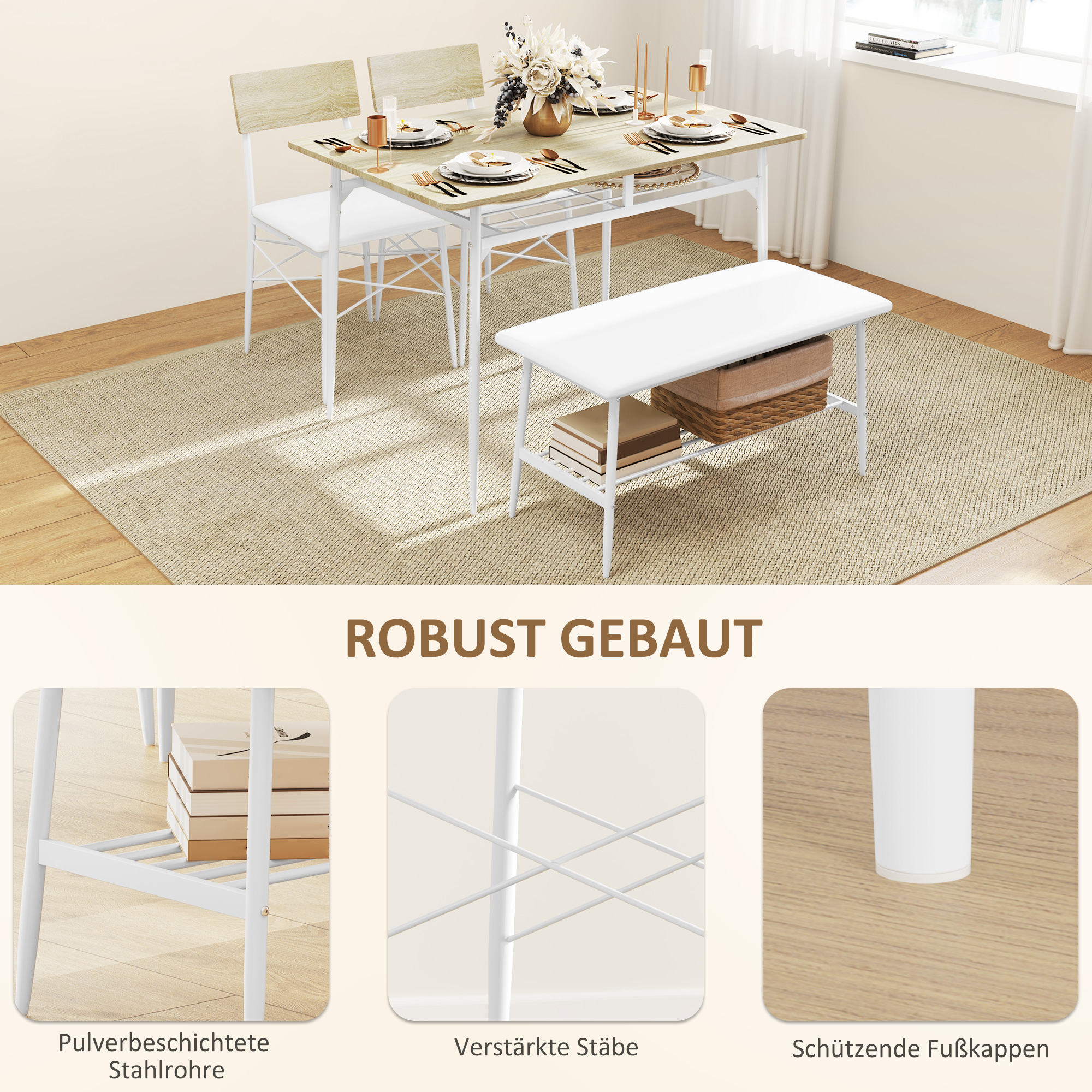 4-teiliges Esstisch-Set mit Stühlen und Bank für 4 Personen, gepolsterte Sitze, Stahlrahmen, Holz, Eiche
