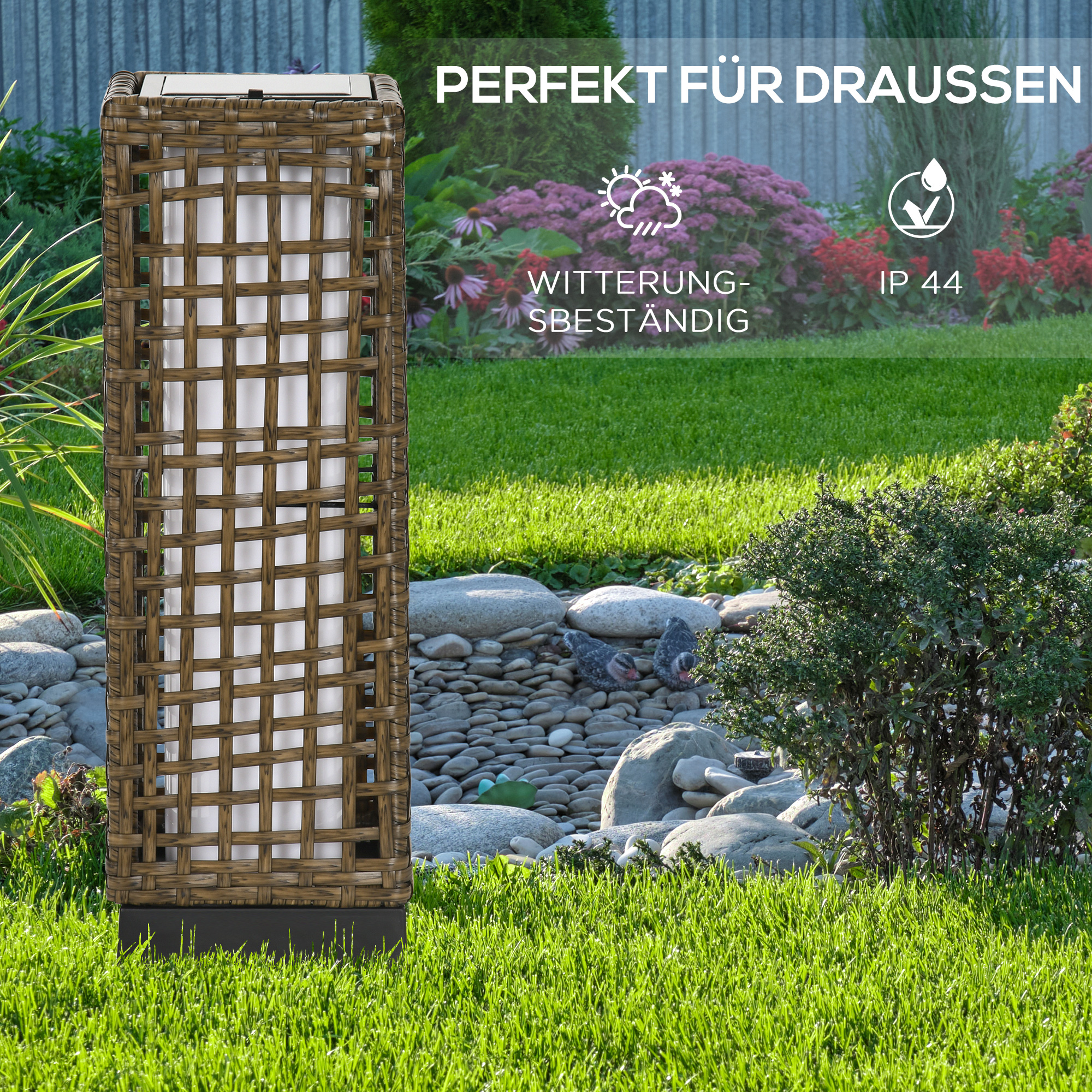 Außenleuchte, Gartenlampe, Solarbetrieb, 8h Leuchtdauer, Einschaltautomatik, Rattanoptik, 15,5 x 15,5 x 46 cm
