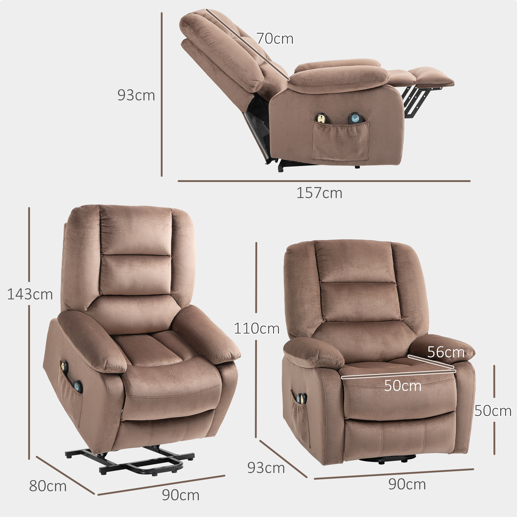 Aufstehsessel mit Massagefunktion, 90x93x110cm, Braun