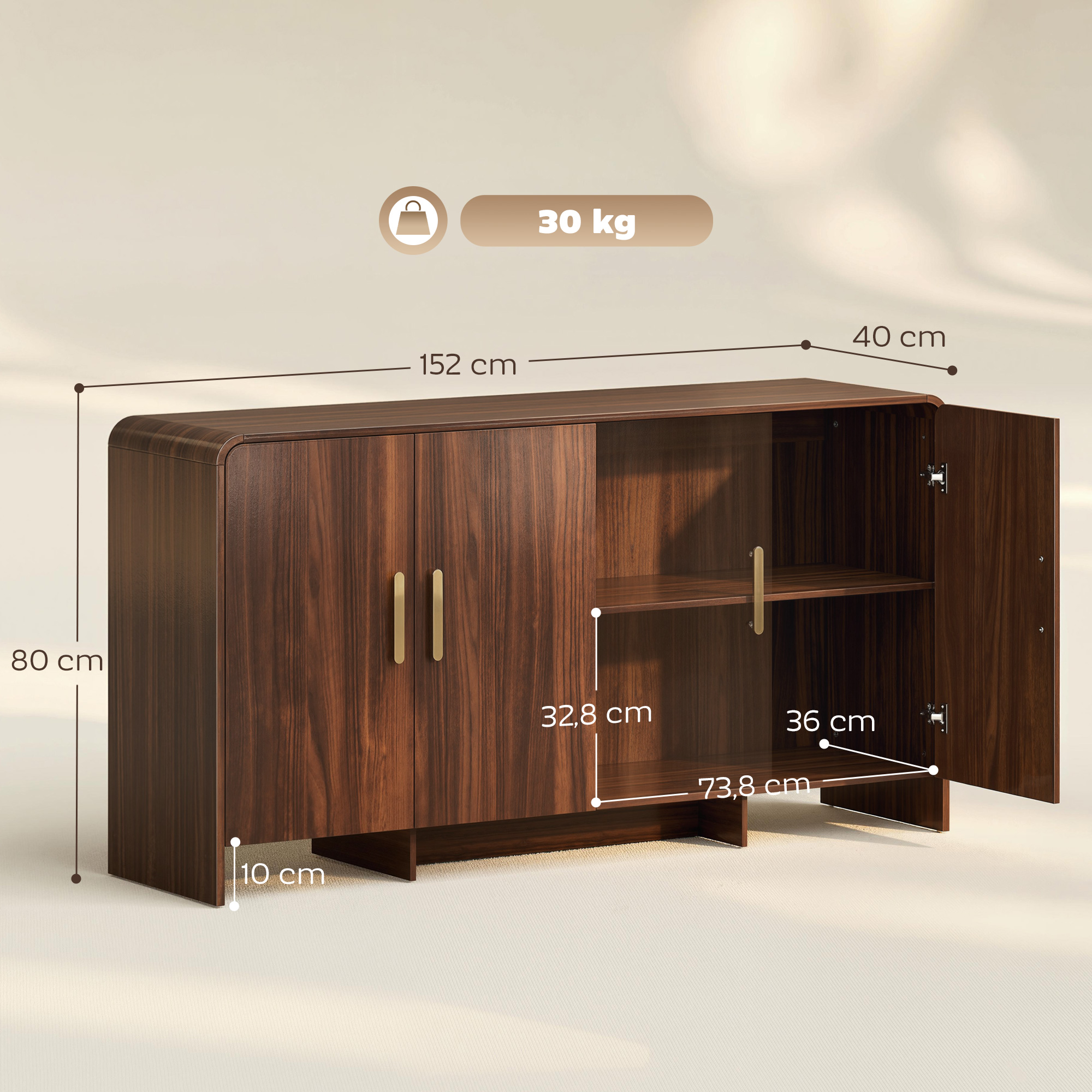 152 cm Sideboard Buffet-Schrank mit Soft-Close-Türen, TV-Schrank für Fernseher bis 72 Zoll, Walnussbraun