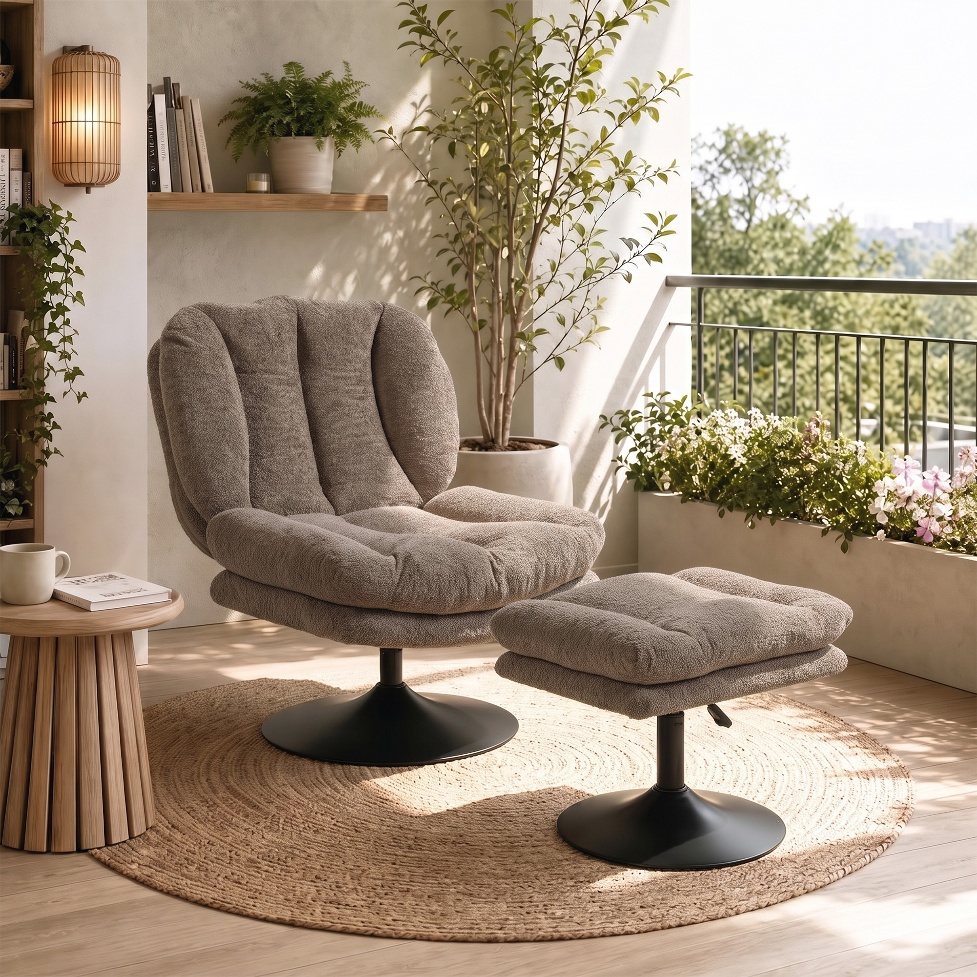 Loungesessel mit Hocker, 360° drehbar, aus Raindrop-Samt, höhenverstellbarer Fußhocker, Braun