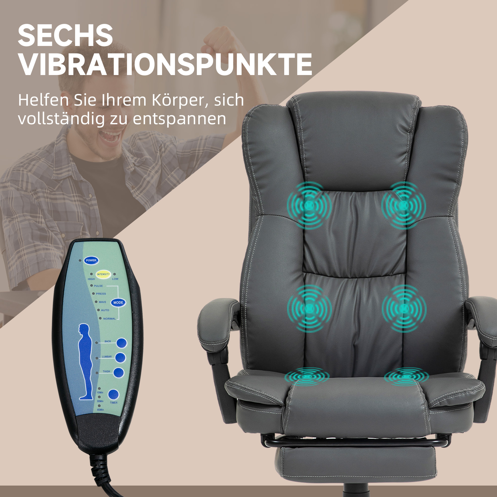 verstellbarer Drehstuhl mit Fußstütze, Kopfstütze, Massagefunktion, Kunstleder, 68,5x68,5x113-121cm, Dunkelgrau