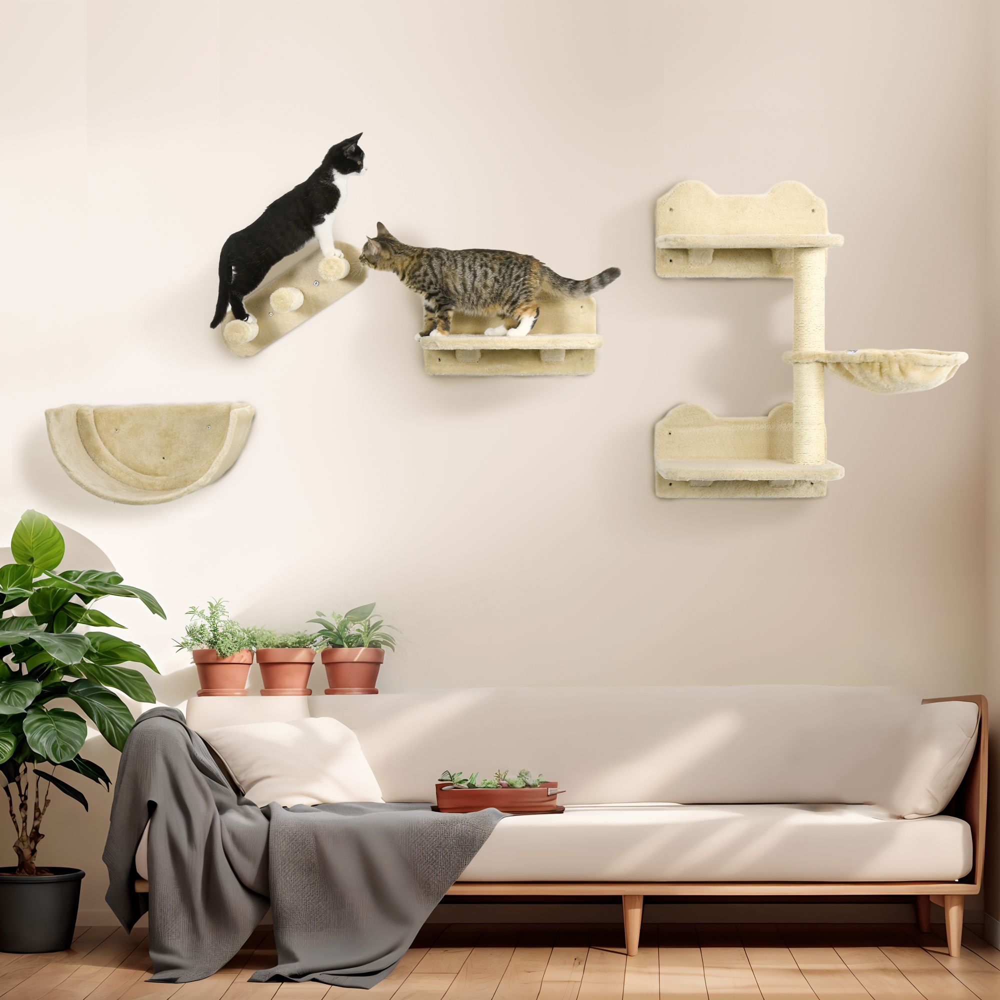 Kletterwand-Set für Katzen, 4-teilig, mit Katzentreppe, Hängematte, Plattform und Kratzbaum, Beige