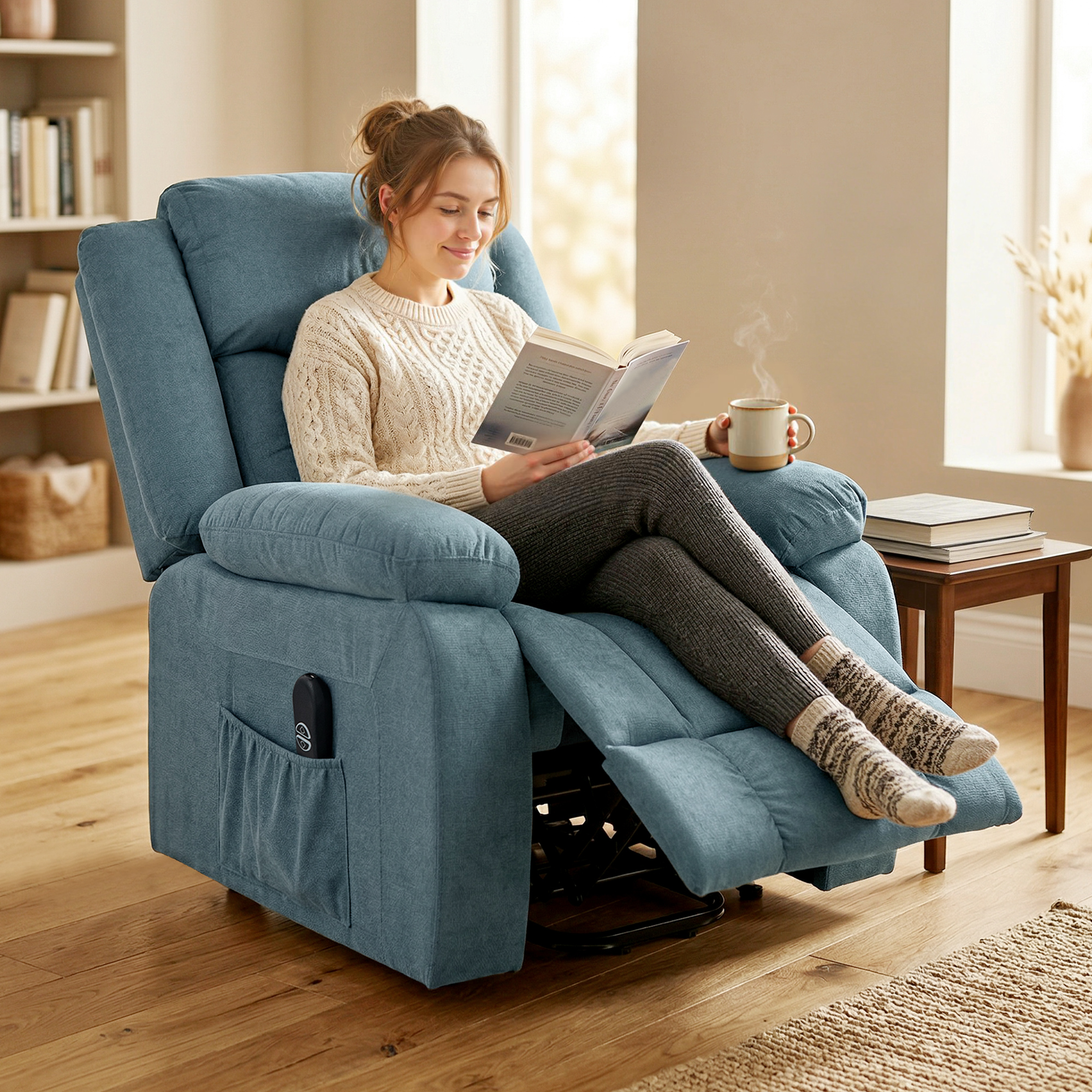 Aufstehsessel mit weichem Bezug, Recliner-Sessel mit Fernbedienung und Seitentaschen, Blau