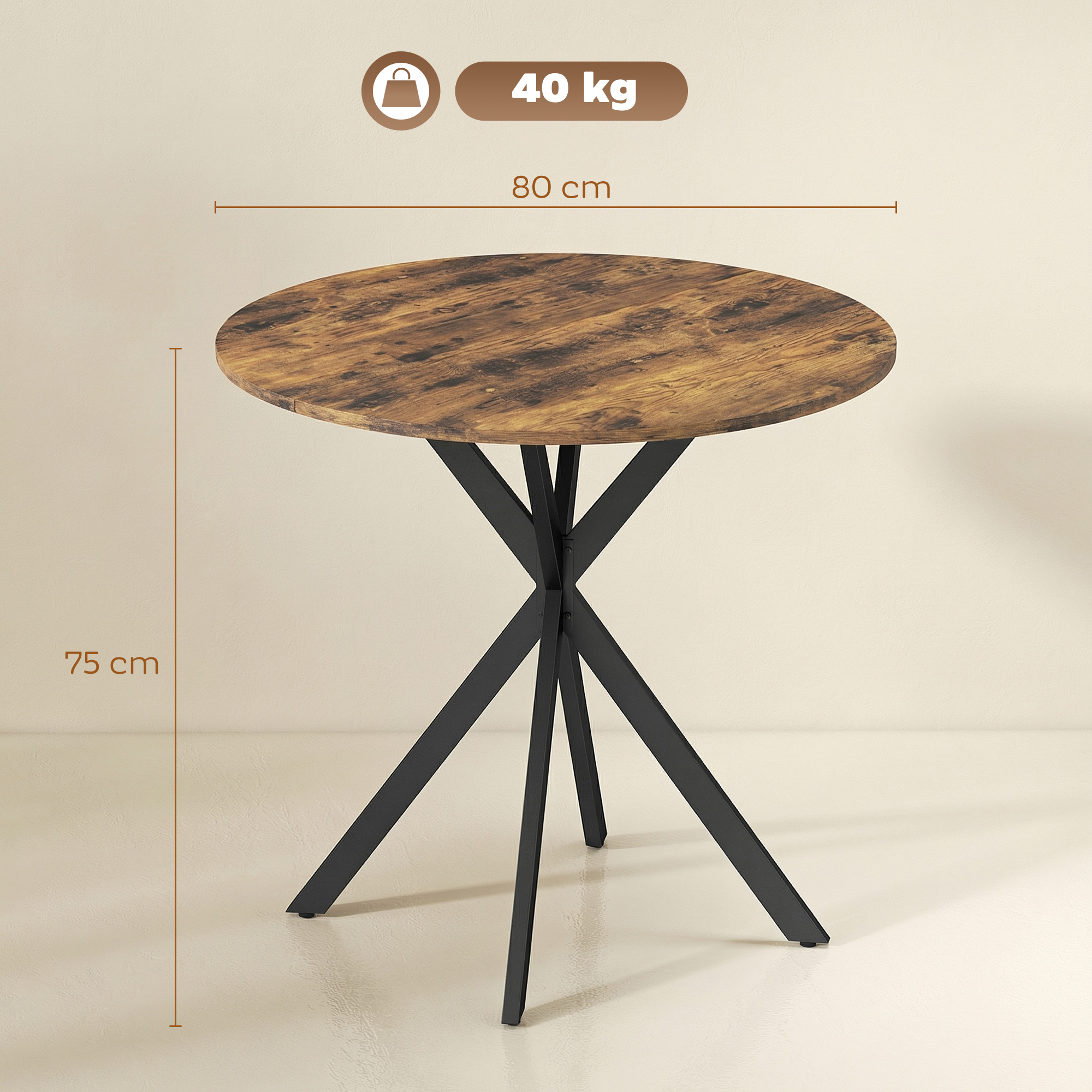 Runder Küchentisch, 80 cm, kompakte Tischplatte, Spanplatte, Metall, Rustikal-Braun