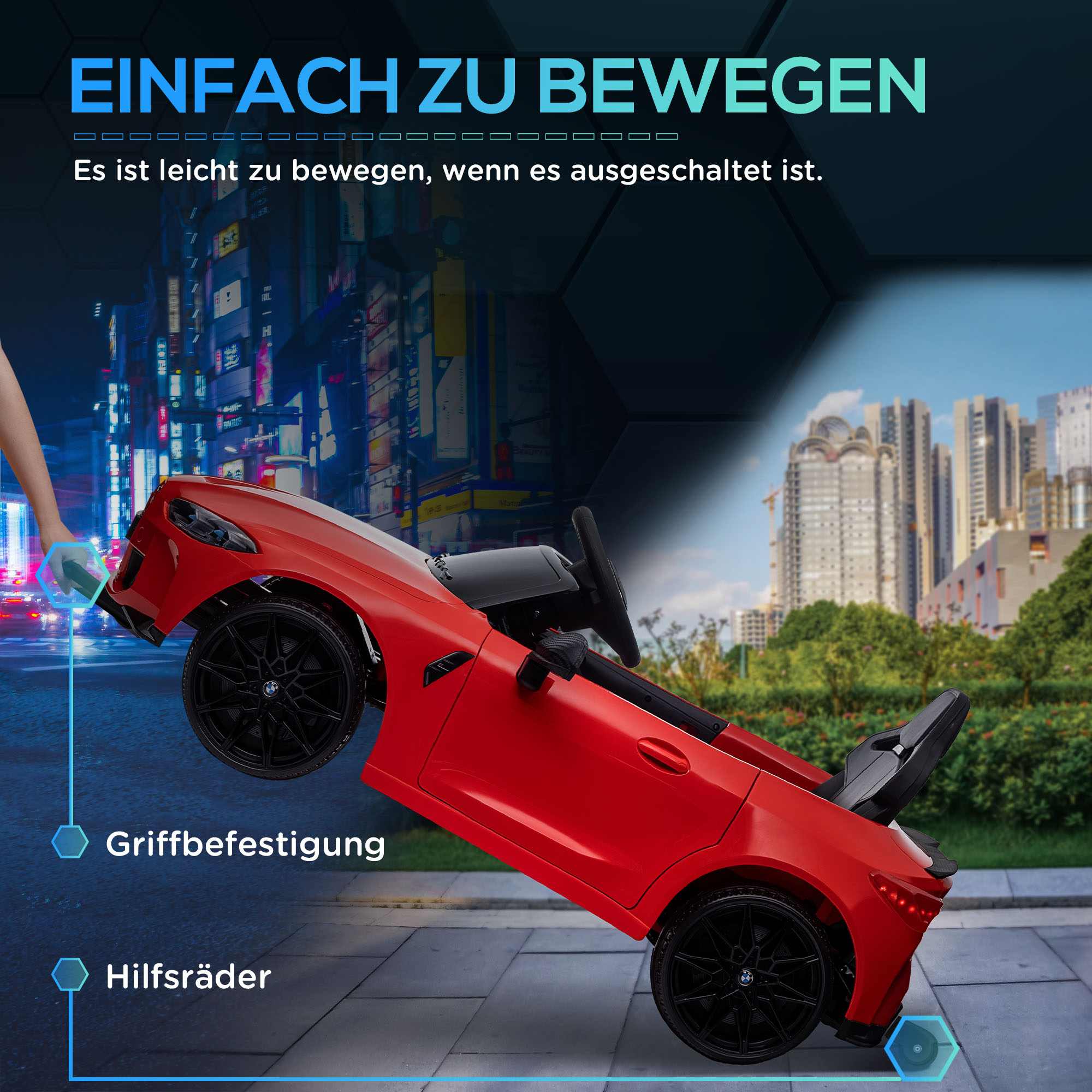 Elektro-Kinderauto BMW M4, Sound & Licht, 3-5 km/h, inkl. Fernsteuerung, für 3-5 Jahre, Rot