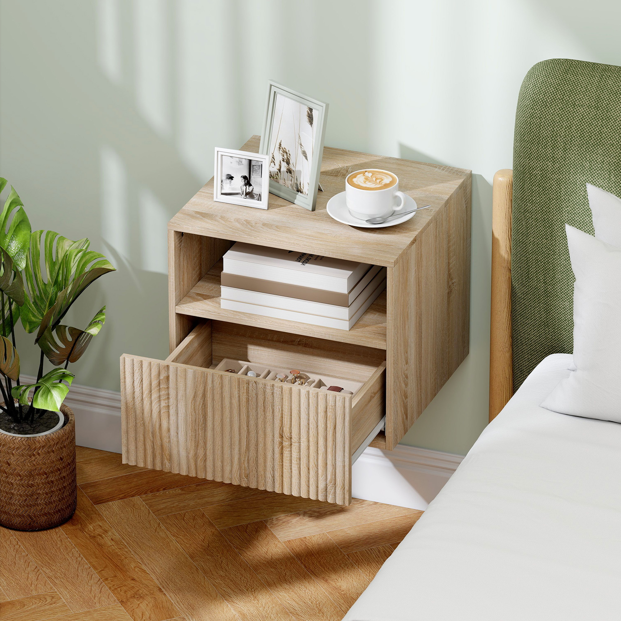 Nachttisch, griffloses Design, offenes Fach, Schublade, Wandmontage, Hellbraun