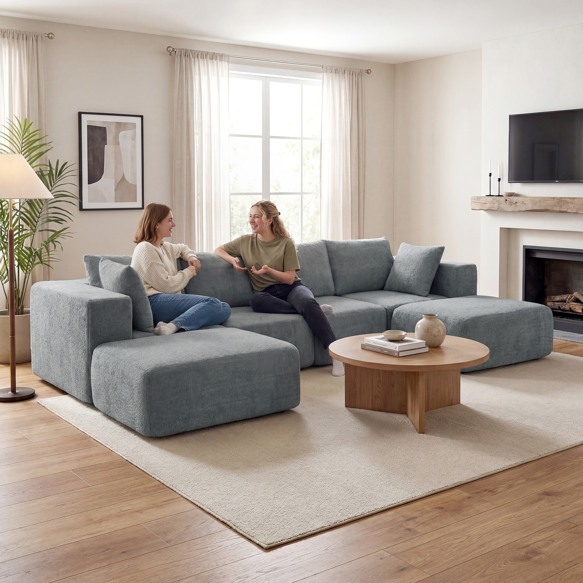 Modulares Ecksofa, U-Form Sofa mit breitem und tiefem Sitz, 2 Hocker, dunkelgrau