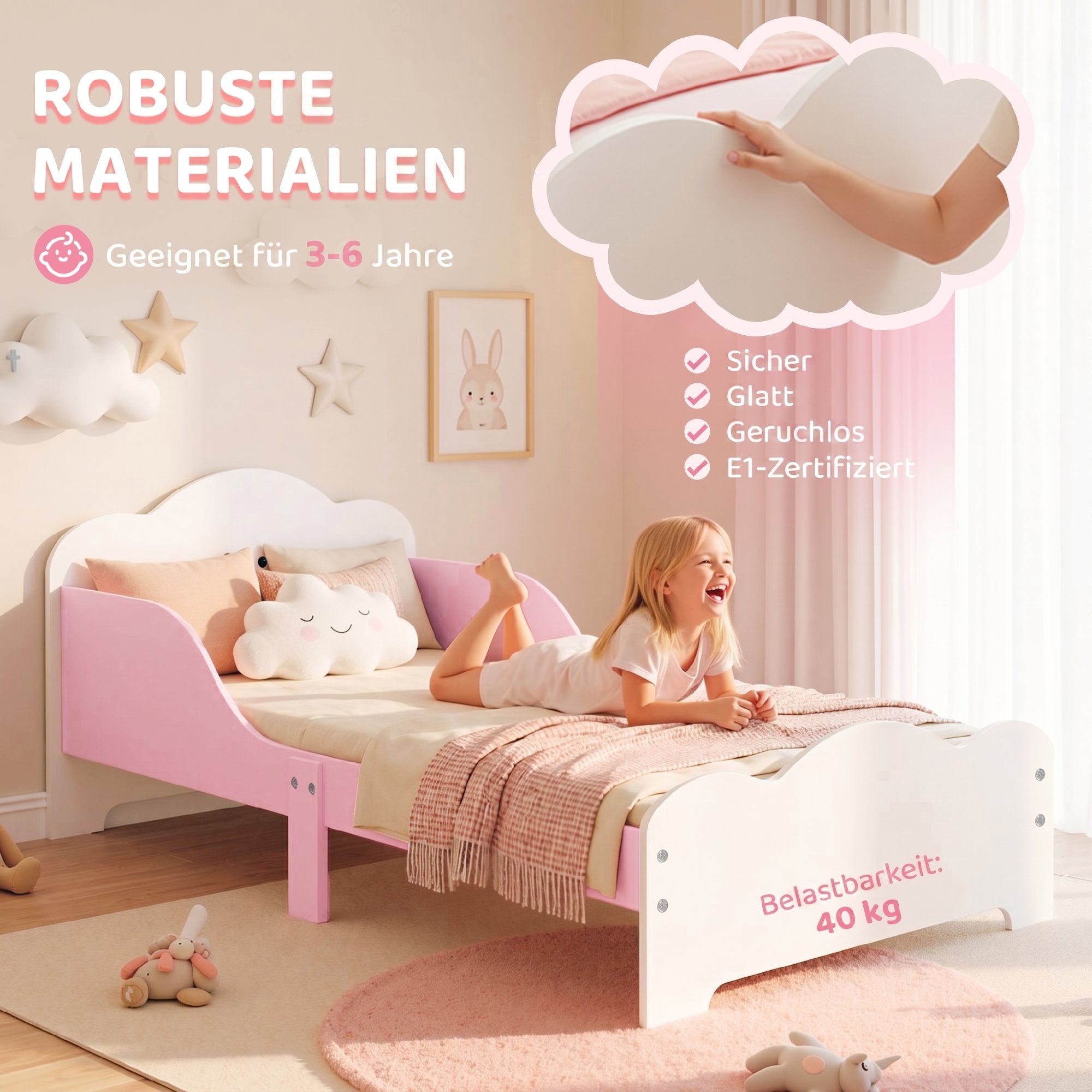 Kinderbett, 140 x 70 cm Bettgestell mit hohen Schutzgitter für Kinder von 3-6 Jahren, ohne Matratze, Rosa