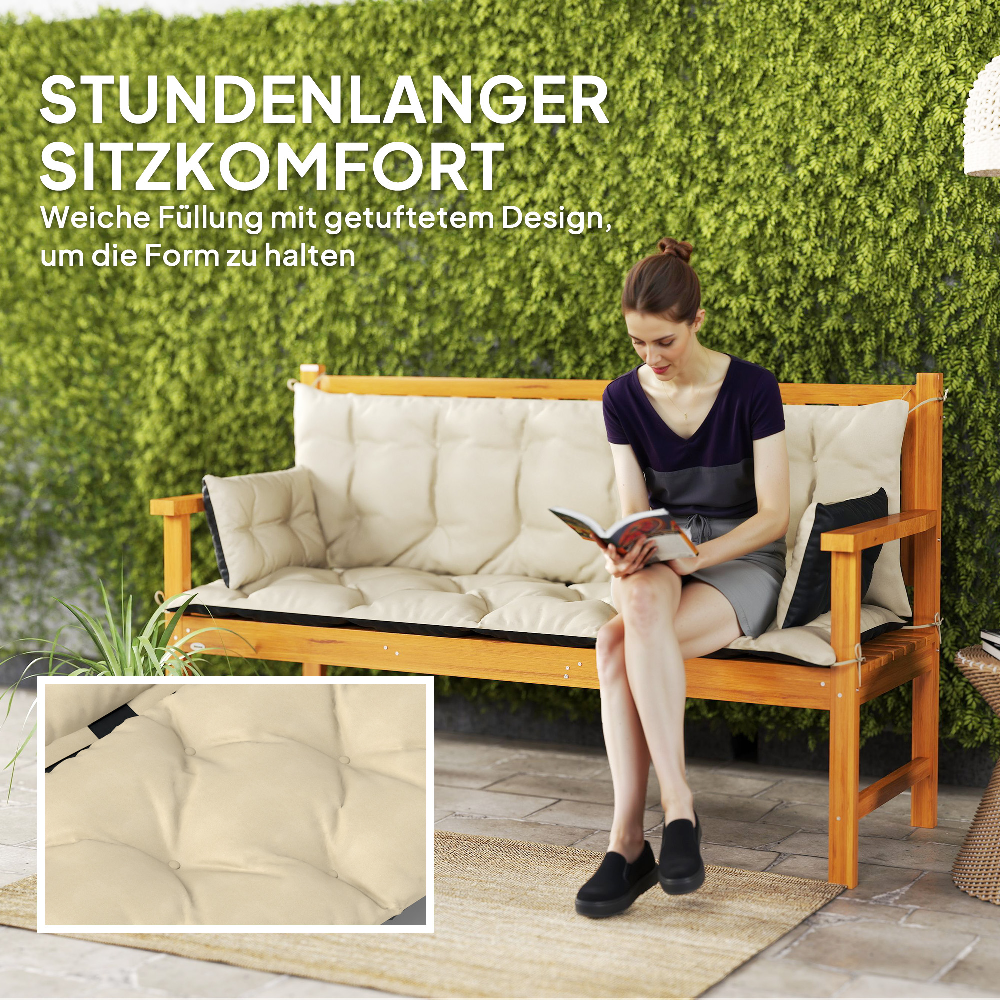 Outdoor-Kissen-Set für Bank oder Hollywoodschaukel, zweifarbig, Polyester, Schaumstoff, 180 x 110 x 8 cm, Beige+Schwarz