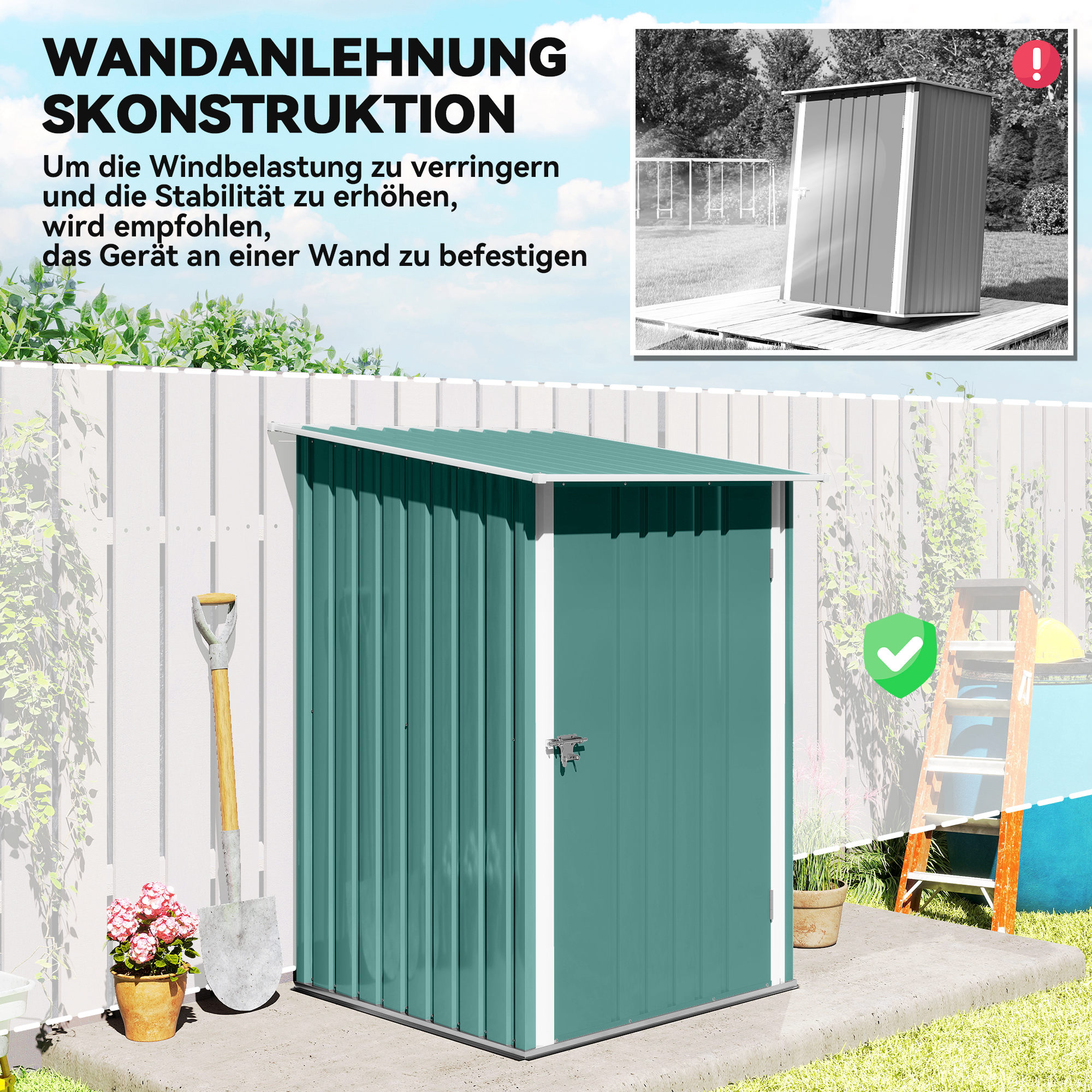 Gerätehaus Metall, Gartenschuppen mit Pultdach, Abschließbare Tür, Außenbereich, 100x103x160 cm, Grün