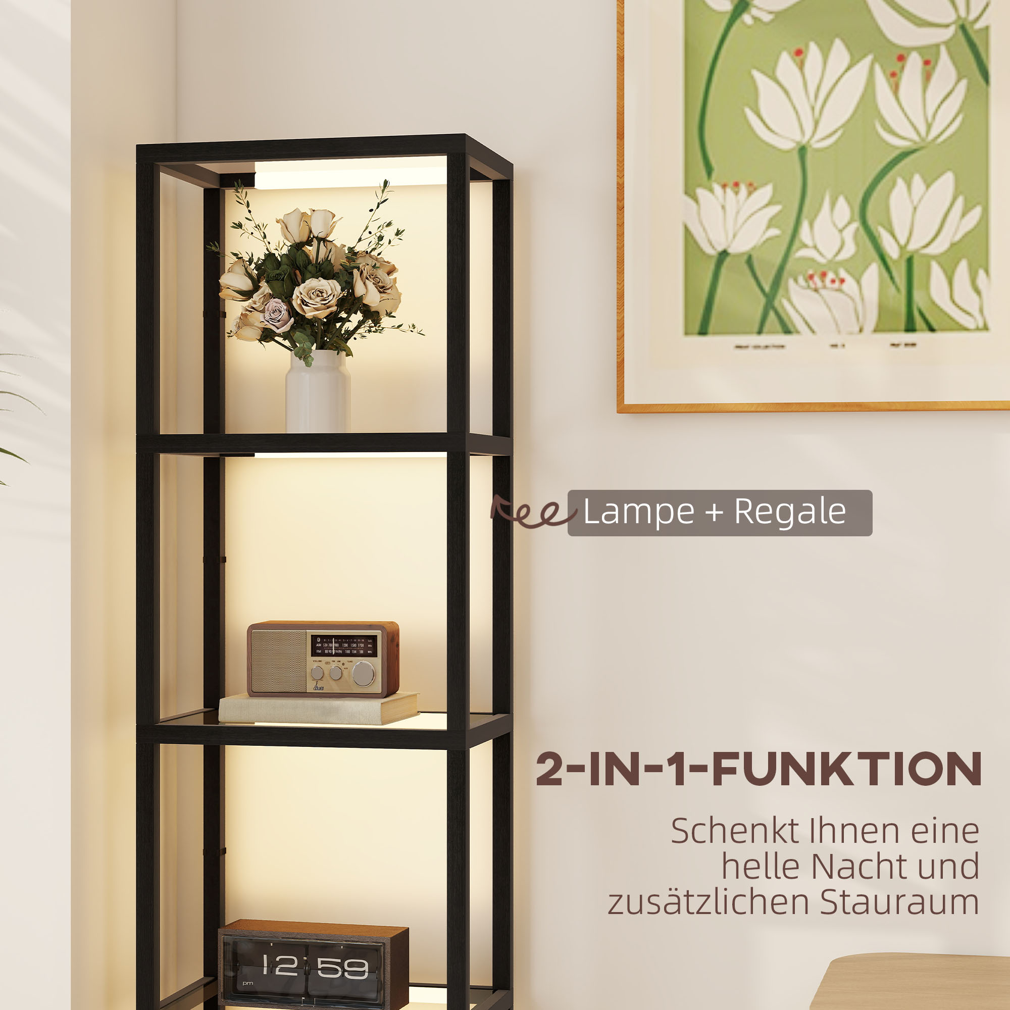 LED-Stehlampe mit 4-stufigem Regal, Leuchtregal mit 4 Glasfächern, Fußschalter, MDF, Schwarz