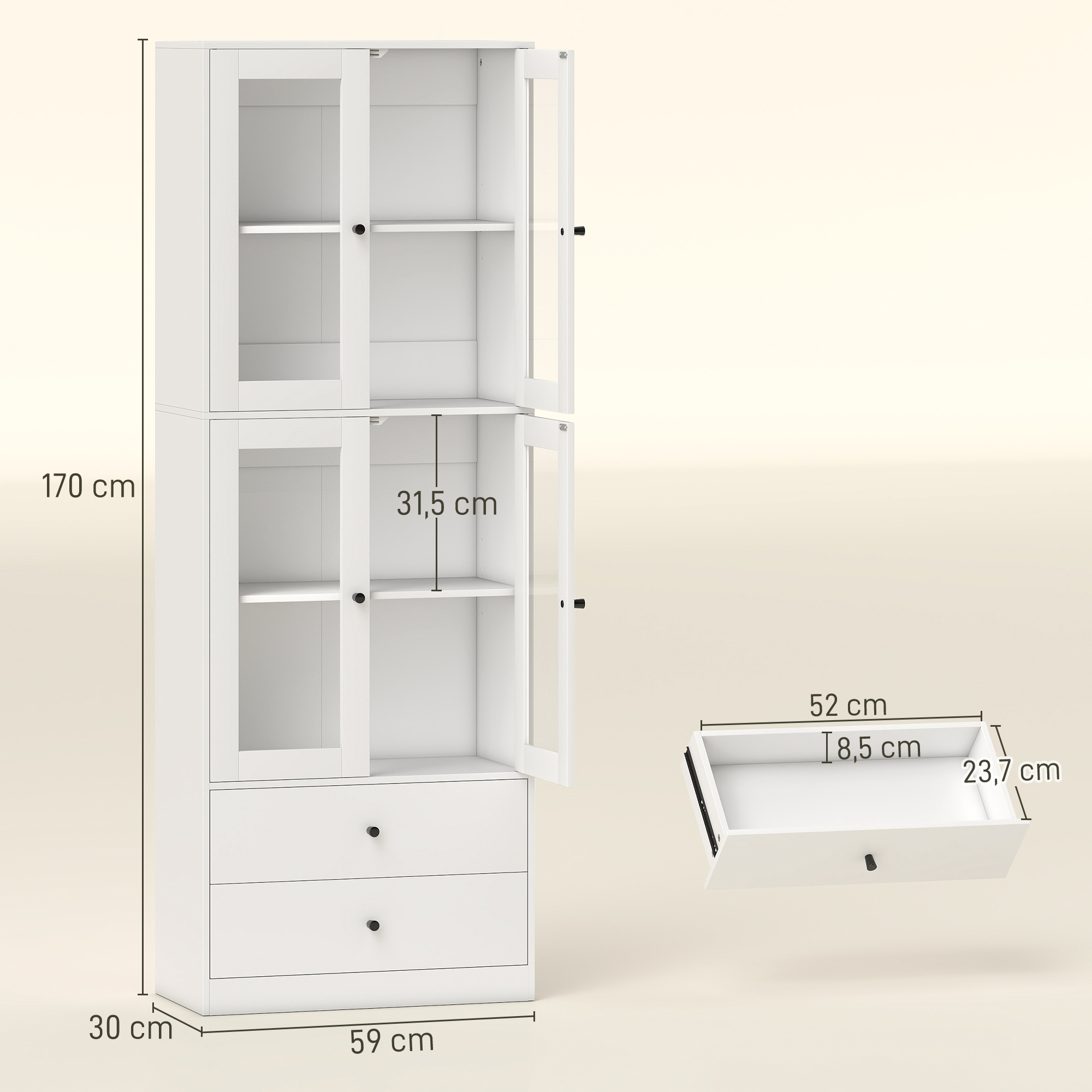 Küchenschrank mit Schubladen und Glastüren, Melamin-Oberfläche, Weiß