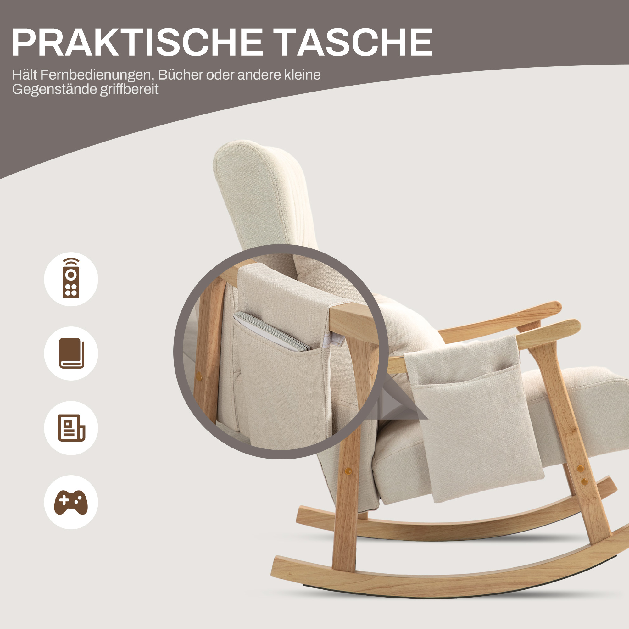 Schaukelstuhl mit Nierenkissen, breiter Sitz, Kautschukholzrahmen, bis 120 kg, Beige
