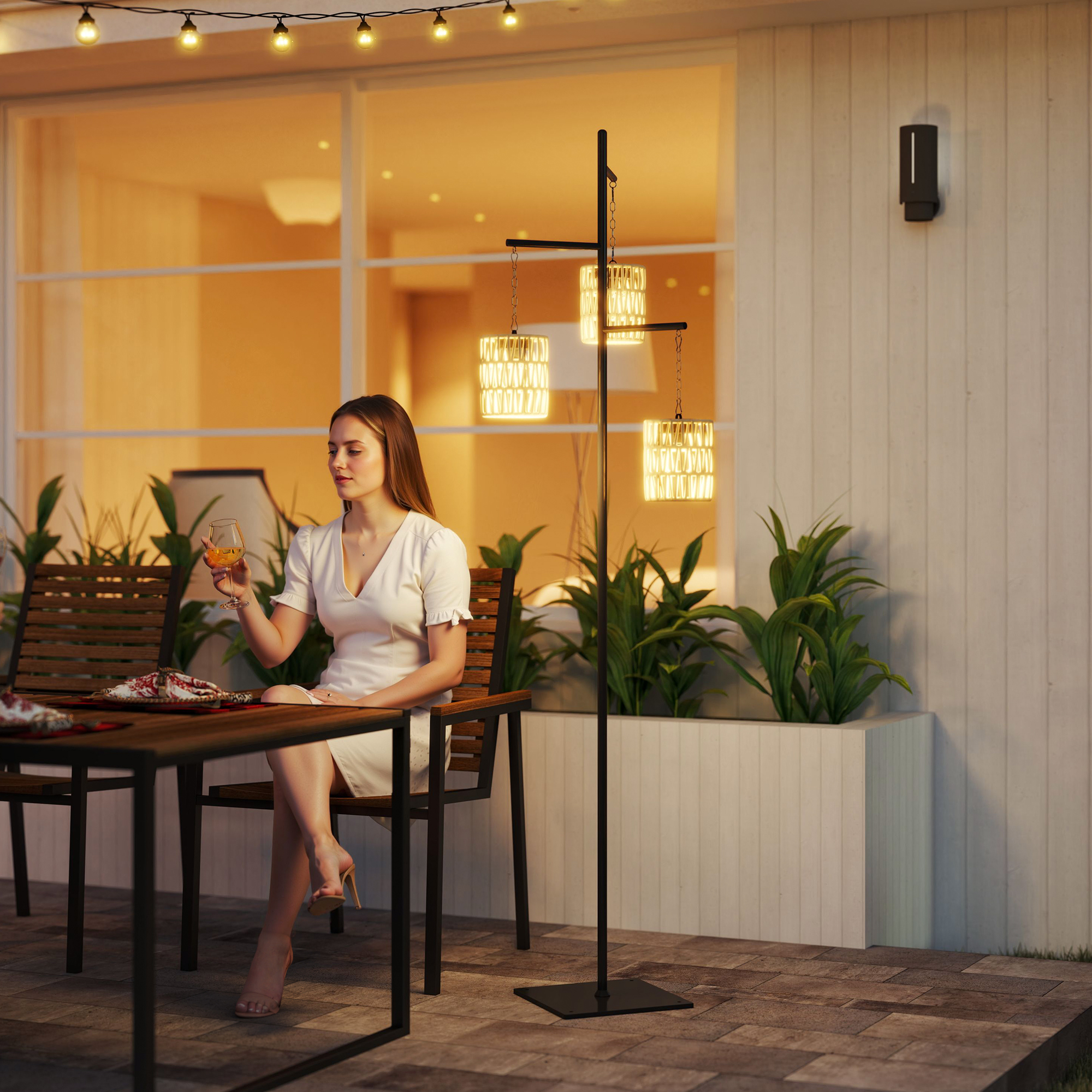 Solar Stehlampe Rattan Solarlampen mit Lichtsensor 3 Lichten Automatisch im Boho-Stil IP44 Spritzwassergeschützt