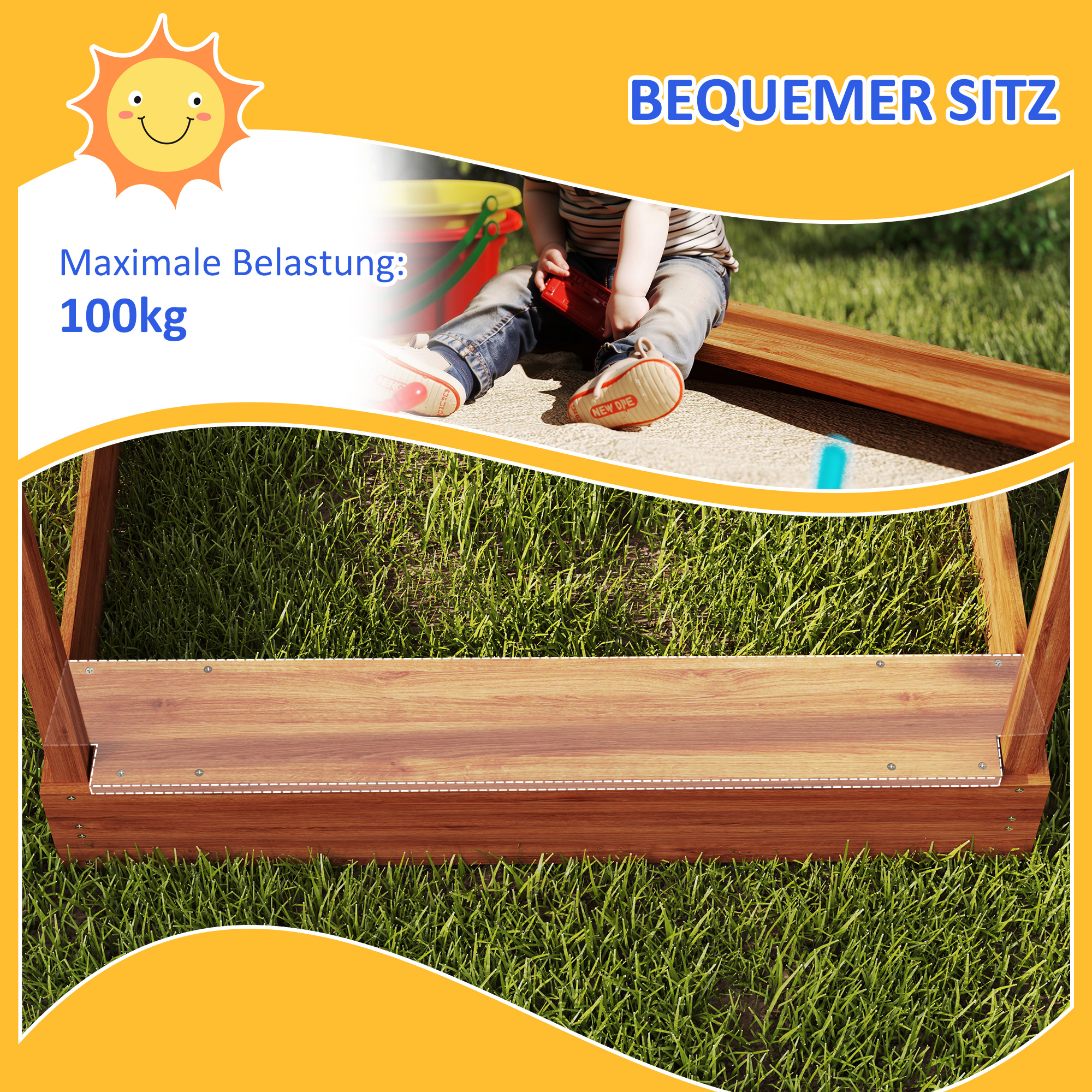 Sandkasten mit Sonnenschutz, Spielhaus-Design, mit Spielzeug-Set, behandeltes Massivholz, 124 x 116 x 146 cm, Grün