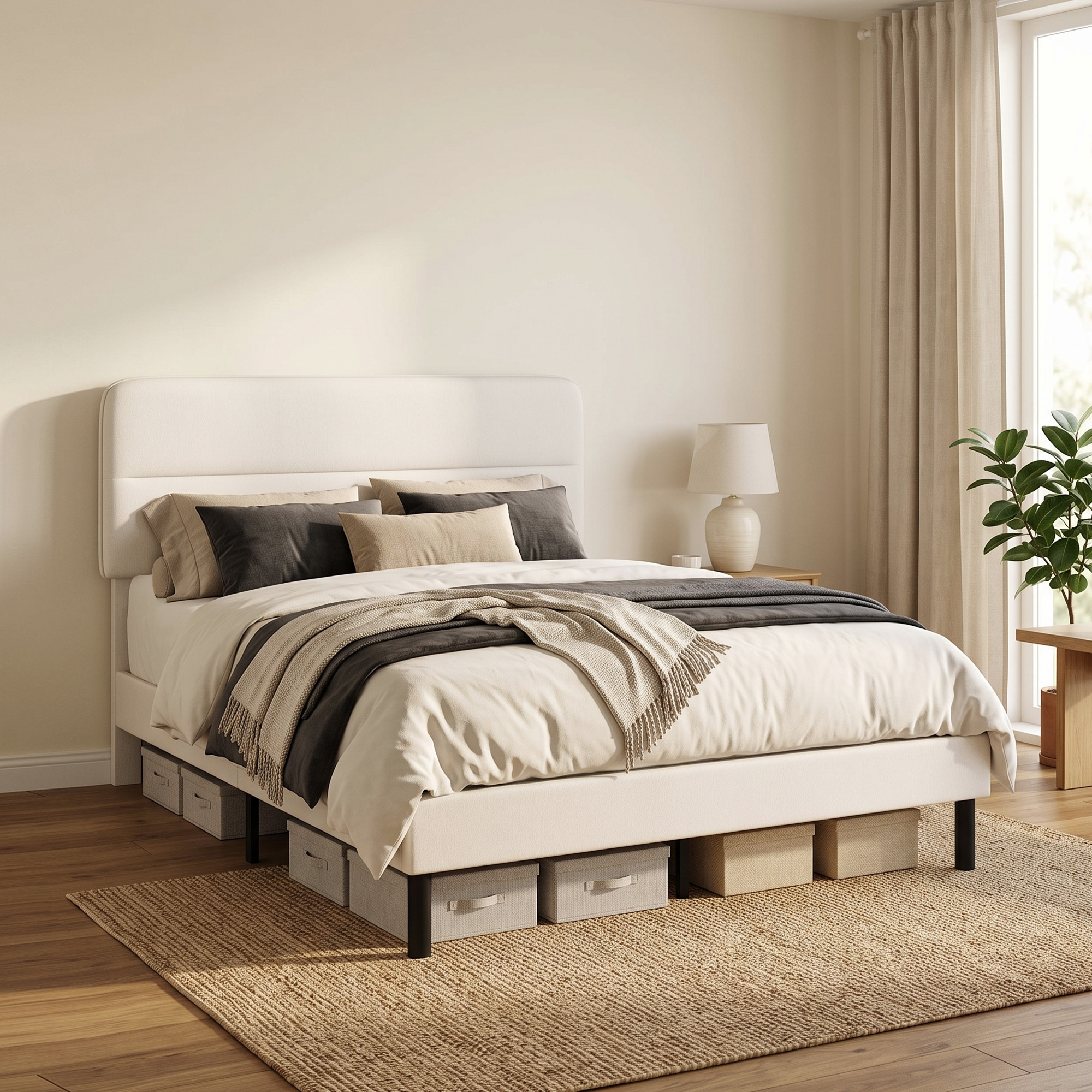 Bettgestell 140 x 200 cm mit verstellbarem Kopfteil, Polsterbett in Leinenoptik mit 12 Sperrholzlatten, Beige