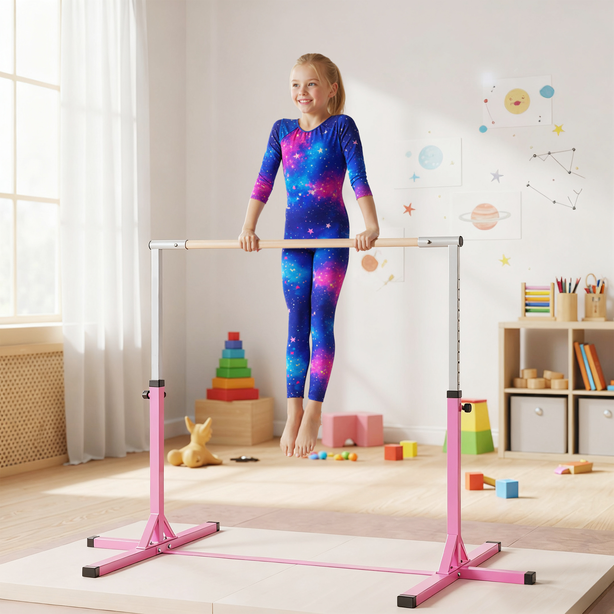 Gymnastikstange für Kinder, höhenverstellbar Turnreck Reckstange, Reck Turnstange für Indoor & Outdoor aus Holz & stabile Stahlkonstruktion bis 75 kg belastbar, für 3+ Kinder, Rosa