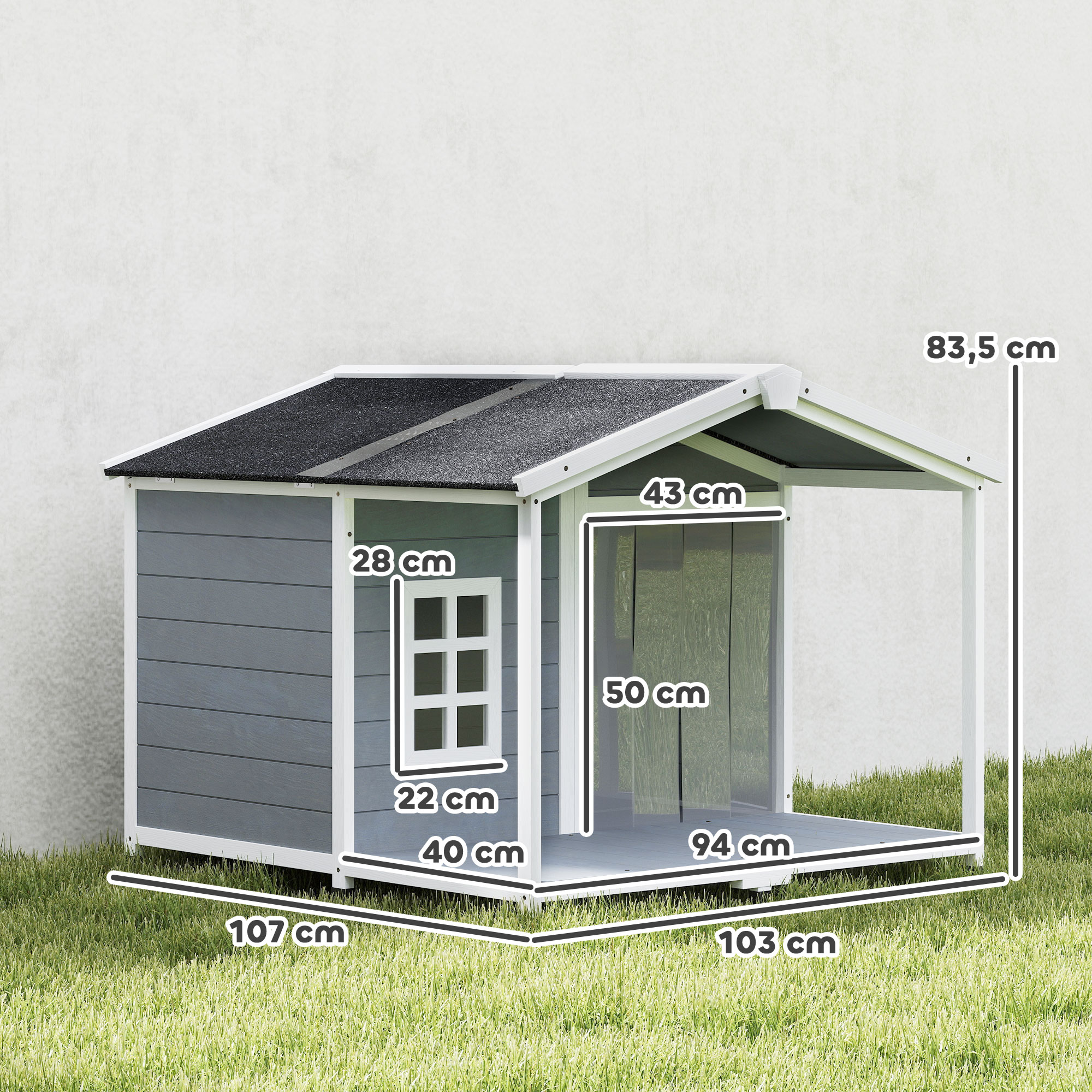 Hundehütte wetterfestes erhöhtes Hundehaus aus Holz mit Asphaltdach, Terrasse, für mittelgroße Hunde 103x107x83,5cm Grau