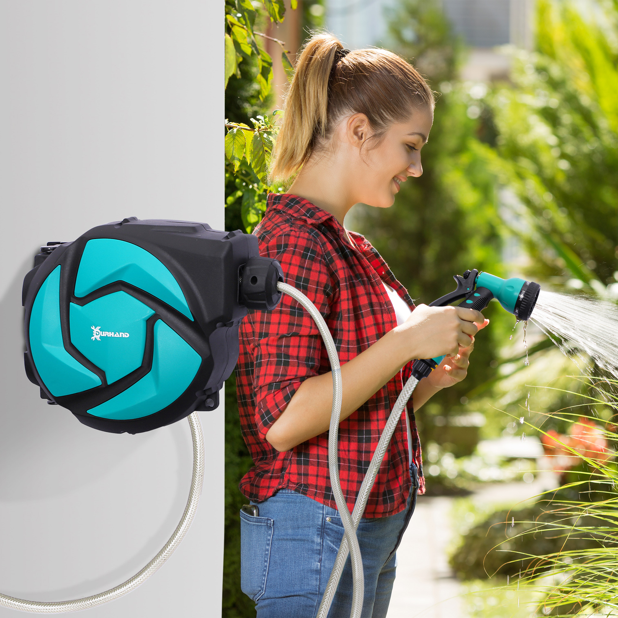 Schlauchtrommel mit Gartenschlauch 10 m Wasserschlauchaufroller mit automatische Aufrollung Wandschlauchbox 180° schwenkbar mit Multibrause Frostschutz -5–45 °C Grün + Schwarz
