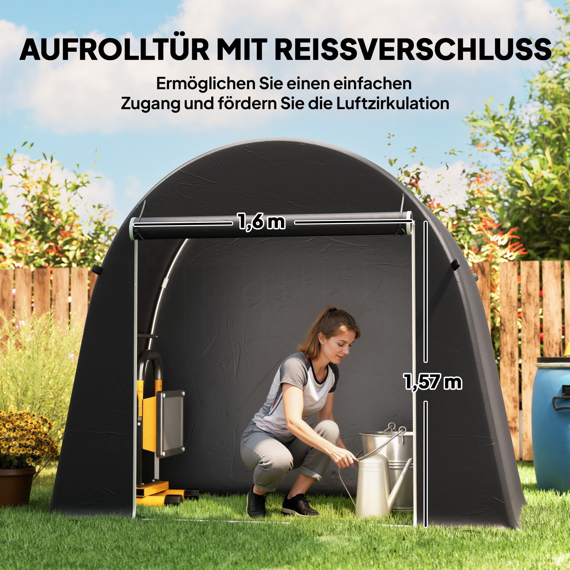 Tragbarer Gartenschuppen, Fahrradzelt, Rolltür mit Reißverschluss, Metallrahmen, vielseitige Aufbewahrung, Kunststoff-Abdeckung, Dunkelgrau