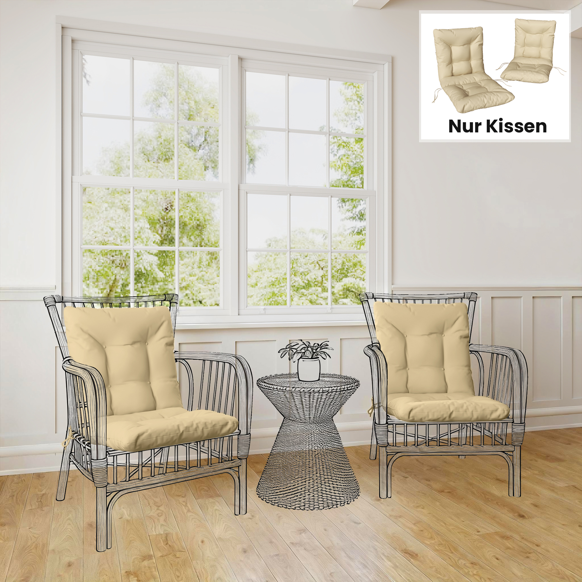 Outdoor-Sitzkissen mit Rückenlehne und Bändern, wasserabweisende Polster für drinnen und draußen, Beige