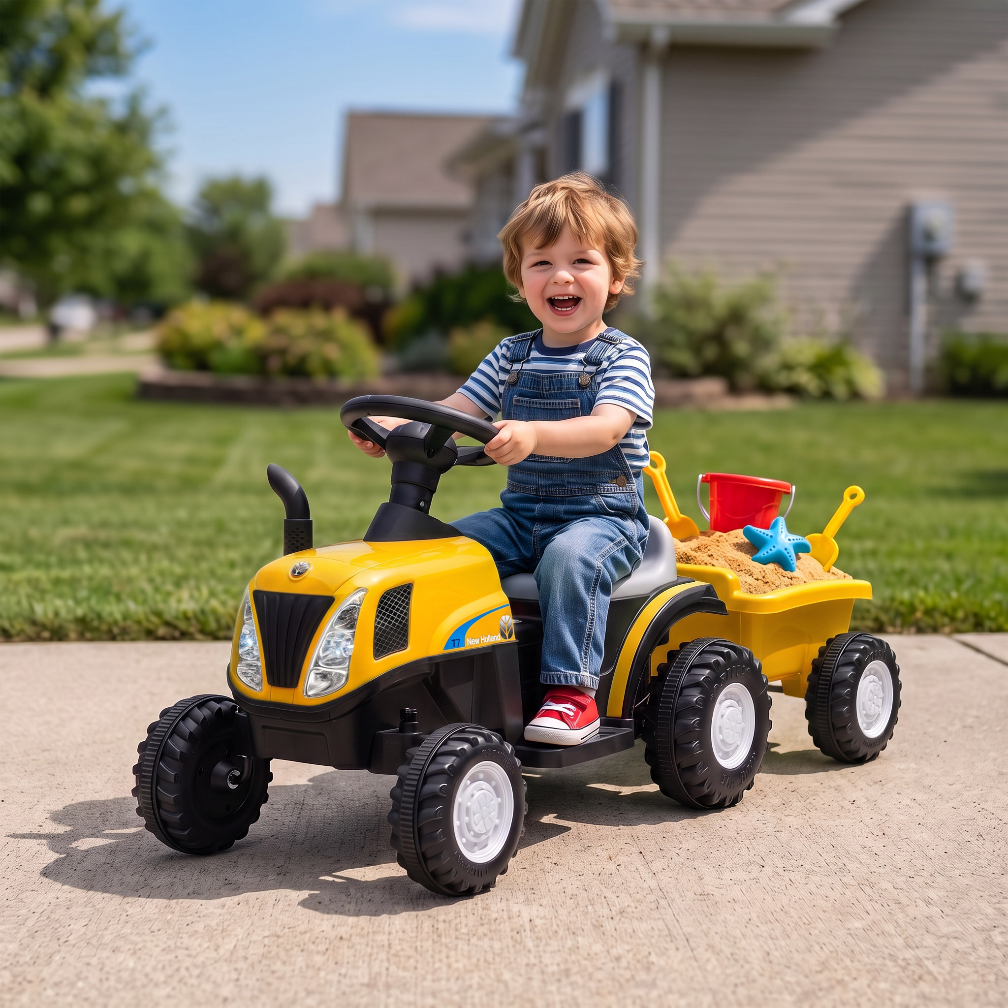 Kinder Traktor mit abnehmbar Anhänger Aufsitztraktor mit Lithium-Akku Fußpedal, Musik, Hupe Licht, Gelb